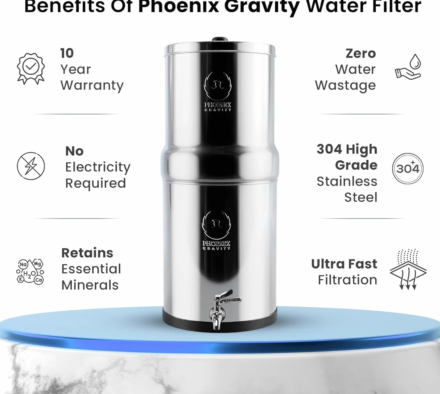 Phoenix Gravity 6-litrowy system filtrowania wody ze stali nierdzewnej AISI 304 NSF z 2 wkładami Smart Carbon