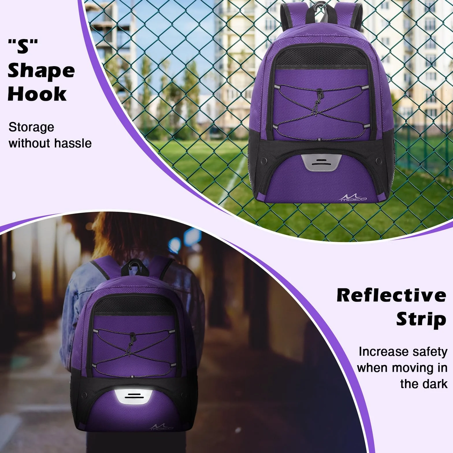 MoKo Basketball Bag Backpack, Soccer Backpack for Men & Women with Separate Ball and Shoes Compartments, Water-Resistant, Fence Hook, Sports Bag for Clothes, Shoes, Tablets, Laptops, Purple