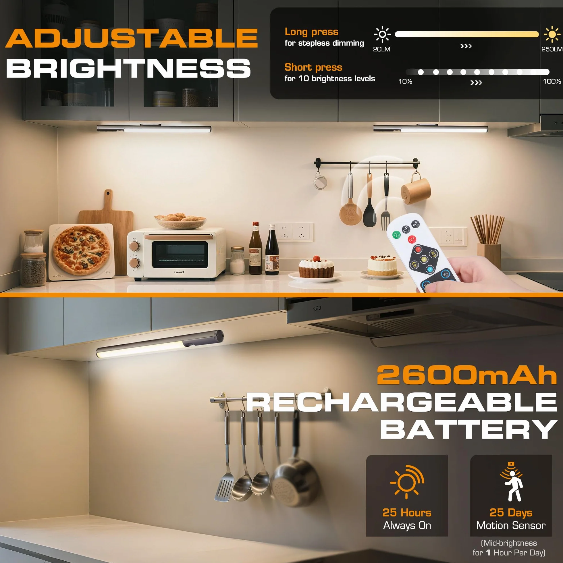 EverBrite Oświetlenie pod szafkami LED 88 diod z pilotem czujnik ruchu 2600mAh ładowalne bezprzewodowe 3 temperatury kolorów