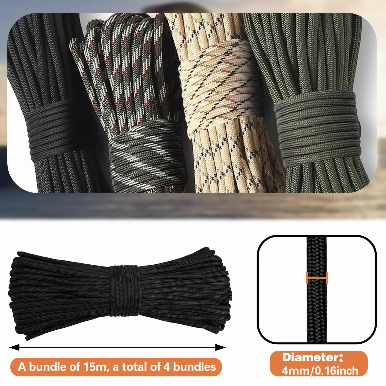 4 sztuki 60 m linki nylonowej Paracord 550, zestaw survivalowy Paracord 4 mm, 7 rdzeni, linka smoka, linka Paracord, akcesoria do bransoletek, linka sztruksowa, odporna na rozerwanie i trwała