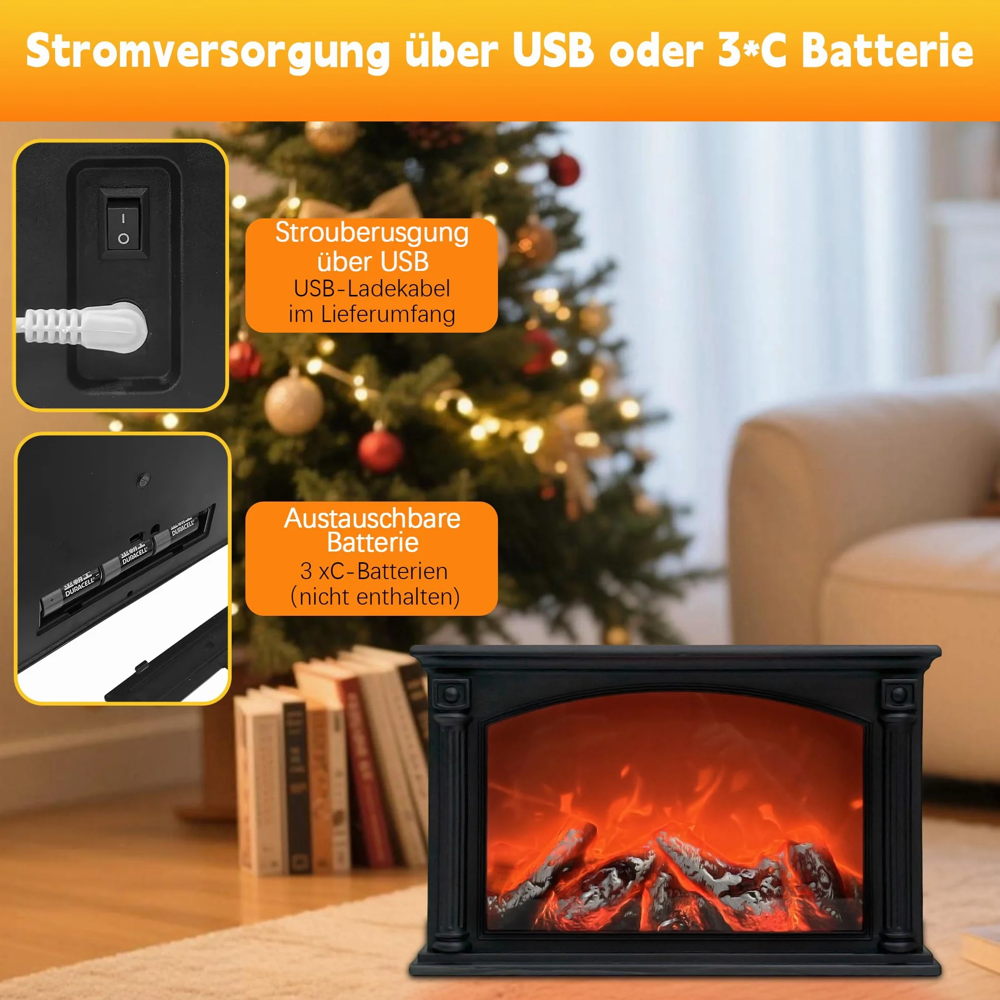 Kominek LED z efektem płomienia, zasilany USB i bateriami, lampa kominkowa stołowa