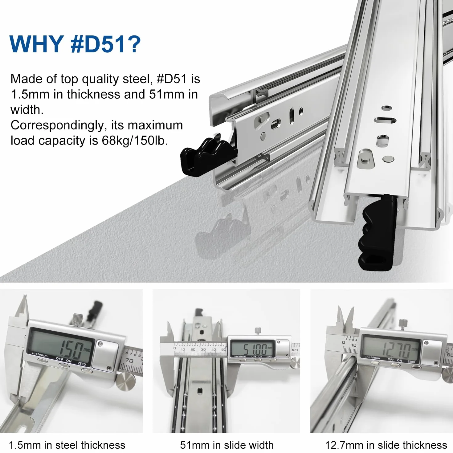VADANIA Prowadnica szuflady 700mm Heavy Duty z blokadą, Srebrny#D51, ładowność 53kg, 3-krotny pełny wysuw, blokada i blokada łożyska kulkowego, mocowanie boczne, 1 para