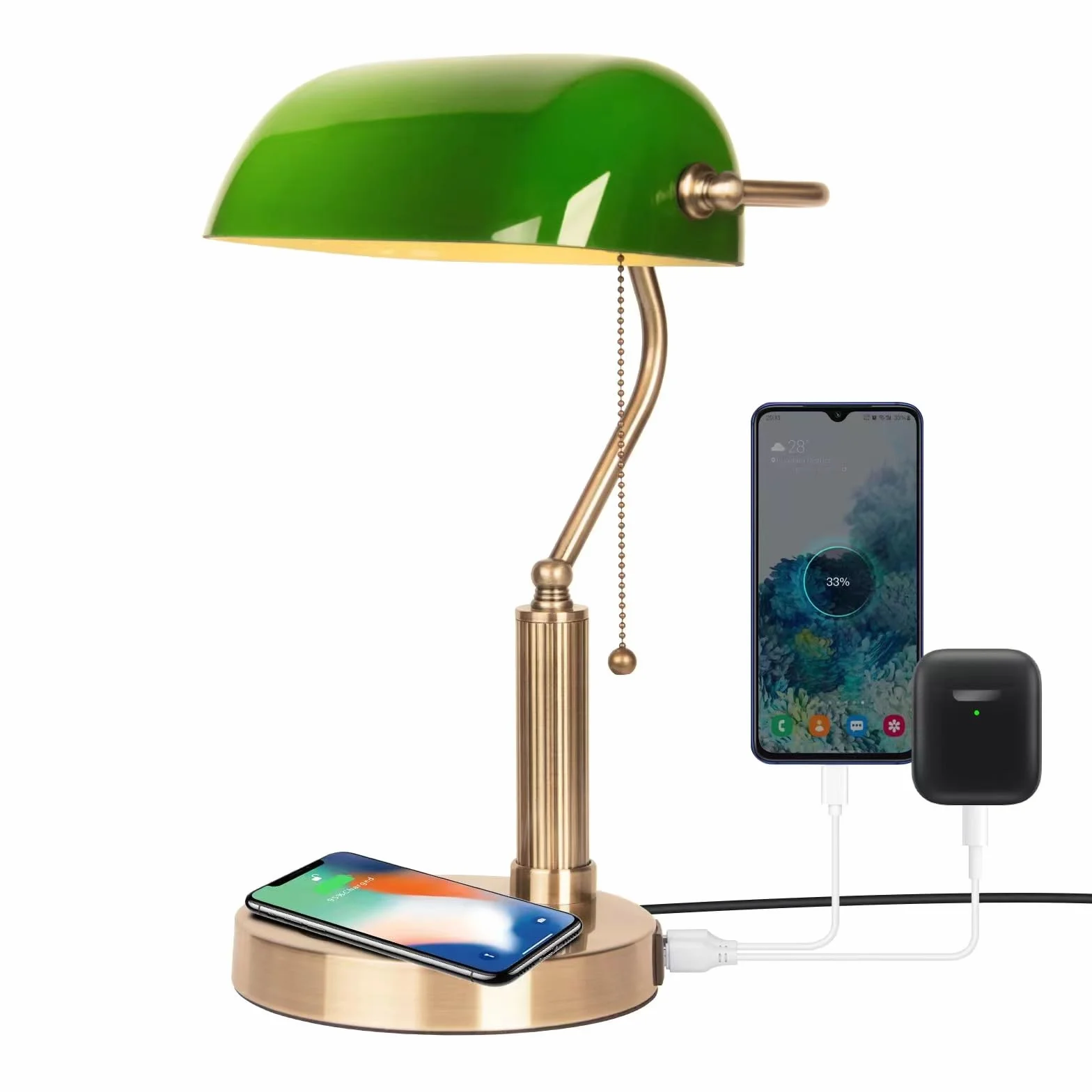 Lampa biurkowa vintage zielona z mosiężną podstawą ładowanie bezprzewodowe USB