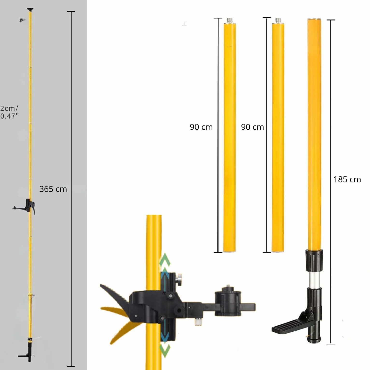 Laserowy drążek teleskopowy 3,65 m, kompatybilny z 1/4" i 5/8", do lasera obrotowego i krzyżowego, uchwyt do niwelatorów
