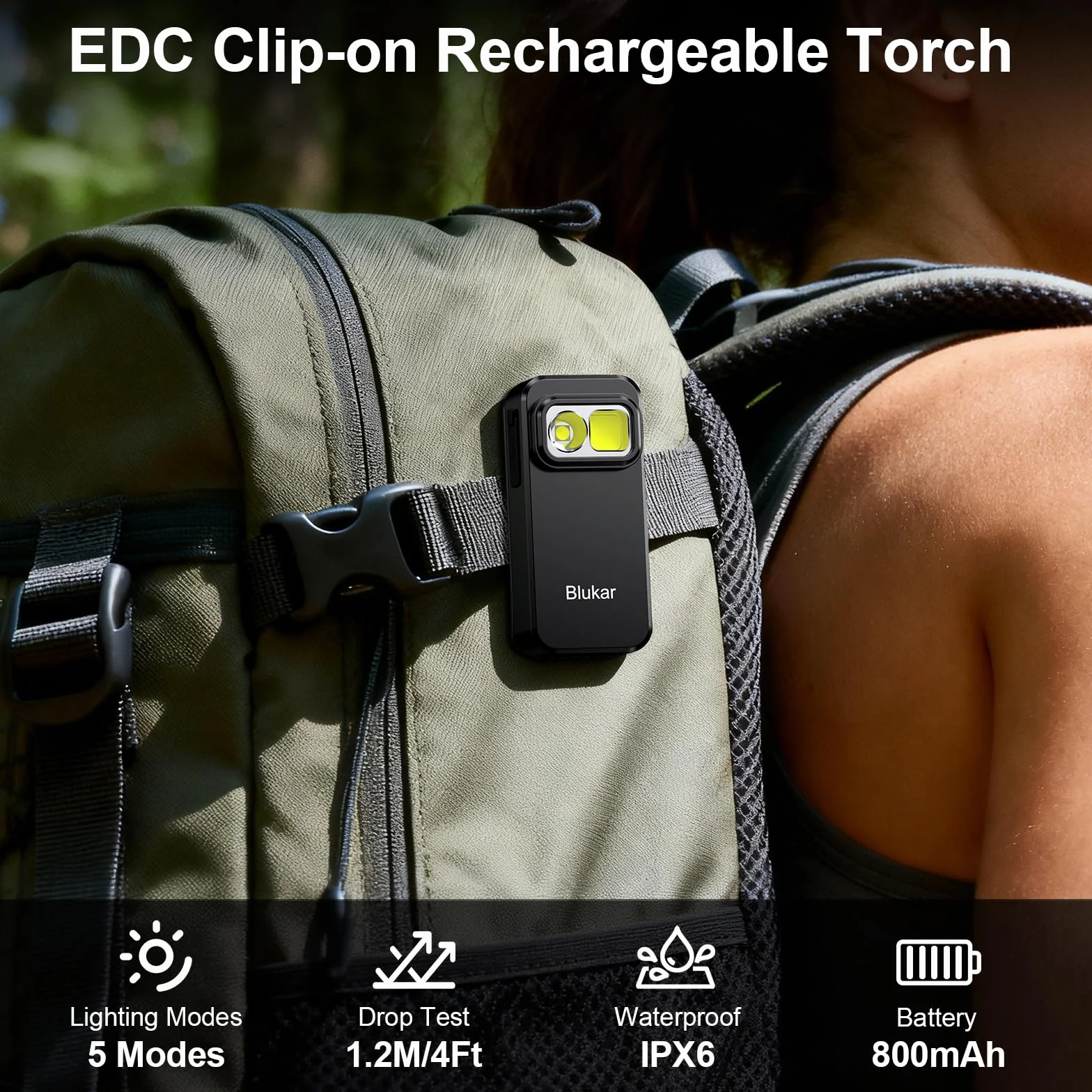 Blukar Latarka LED Ładowana Mini EDC z Klipsem 3 Źródła Światła 5 Trybów Wodoodporna Kompaktowa