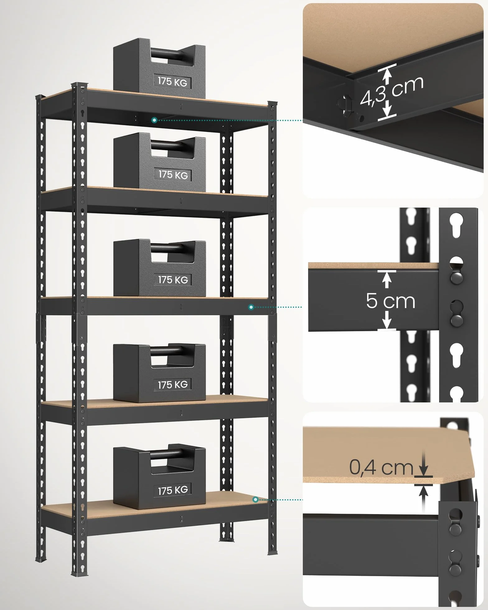 SONGMICS Półka do dużych obciążeń, półka do przechowywania, półka kuchenna, 5 poziomów, 30 x 75 x 150 cm, nośność 875 kg, do piwnicy, garażu, biura, czarny GLR300B01