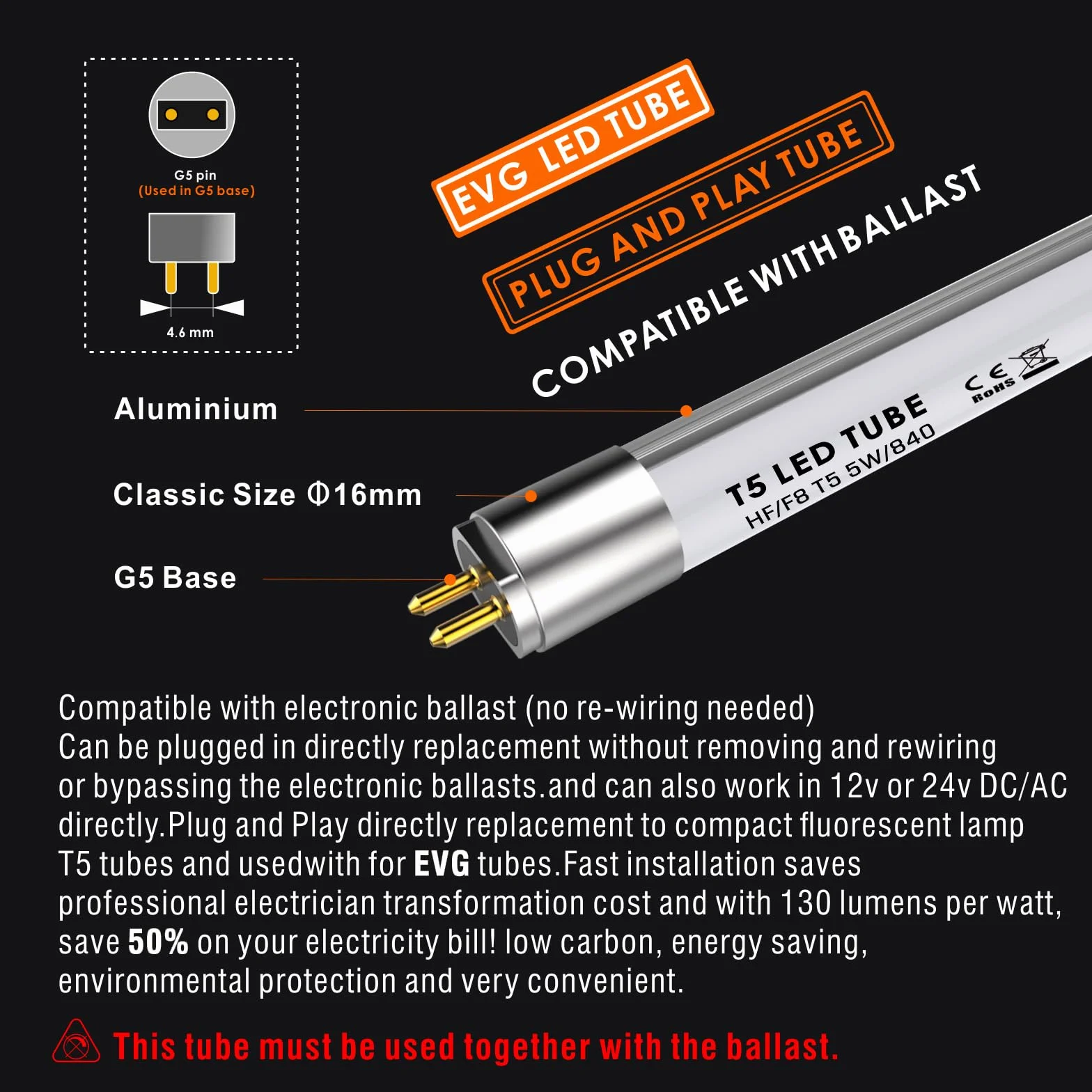 Tuba LED T5 288 mm 5 W 685 lm 6500K G5 zamiennik lampy fluorescencyjnej 2-pak