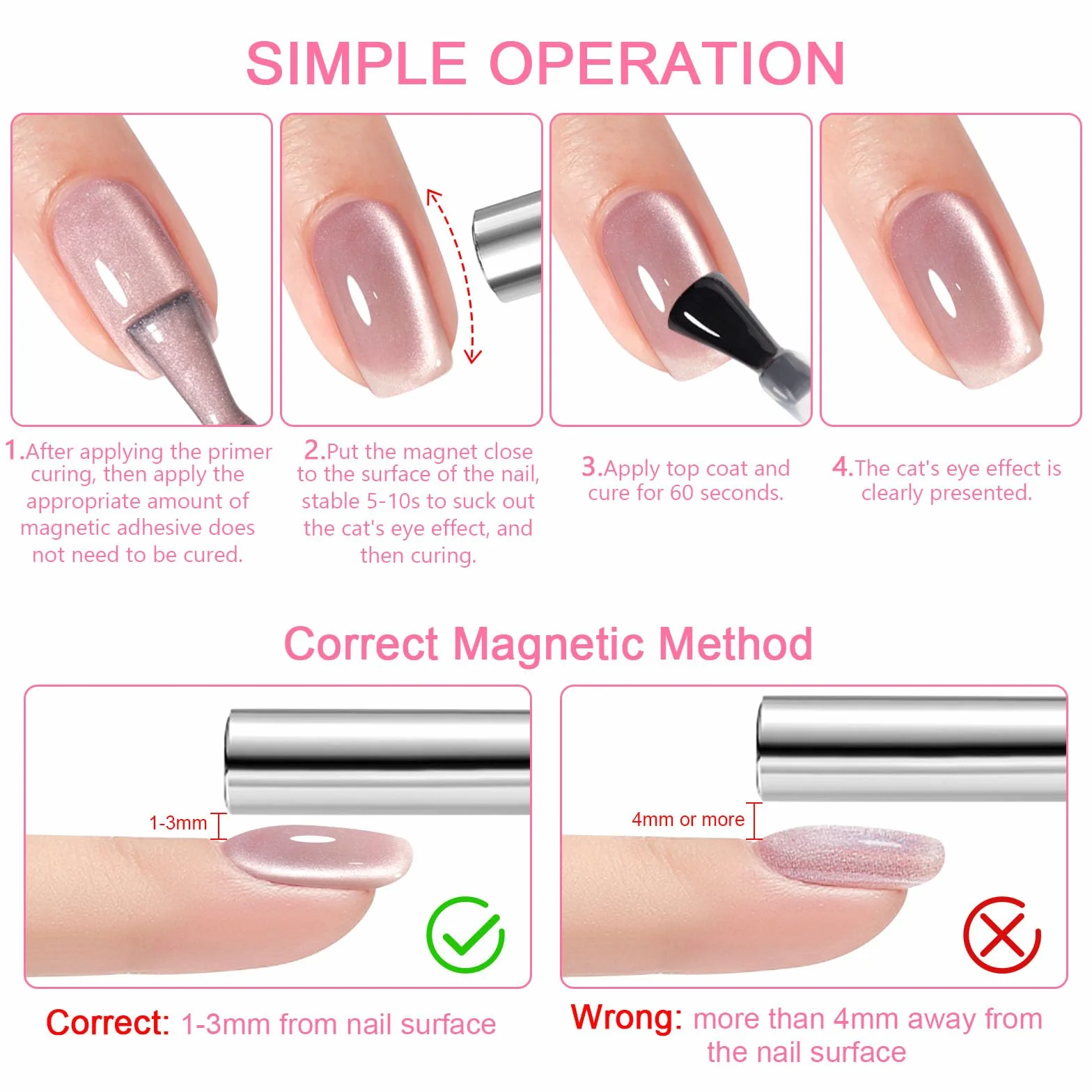 Shining She Półtrwały lakier magnetyczny, 4 odcienie bladego różu, holograficzny brokat kocie oko, z magnetycznym sztyftem, lakier UV/LED, lakier do paznokci, do salonu, domu DIY, 8 ml