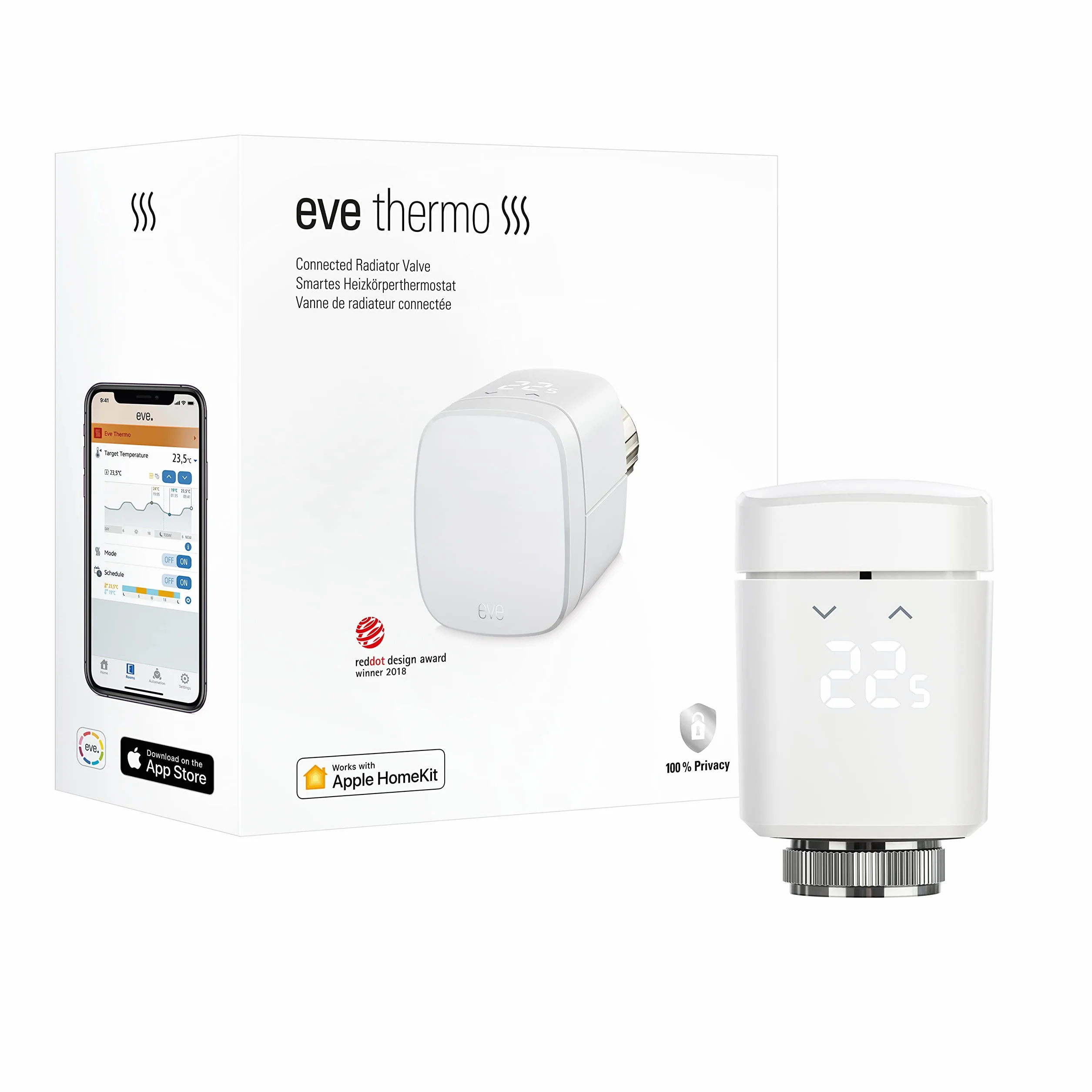 Eve Thermo (Apple Home) – inteligentny termostat grzejnikowy, oszczędność kosztów ogrzewania, nowoczesne sterowanie ogrzewaniem (aplikacja/harmonogramy/obecność), łatwy montaż, do popularnych zaworów