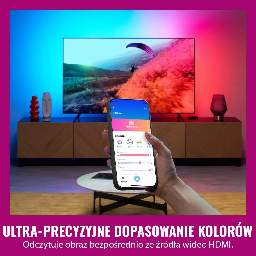 WiZ HDMI Sync Box z taśmą LED do TV, Synchronizuje światło z filmami, HDMI 2.0 4K 60 Hz, RGBIC 75-85 cali, Sterowanie Aplikacją/Głosowe, Google Alexa