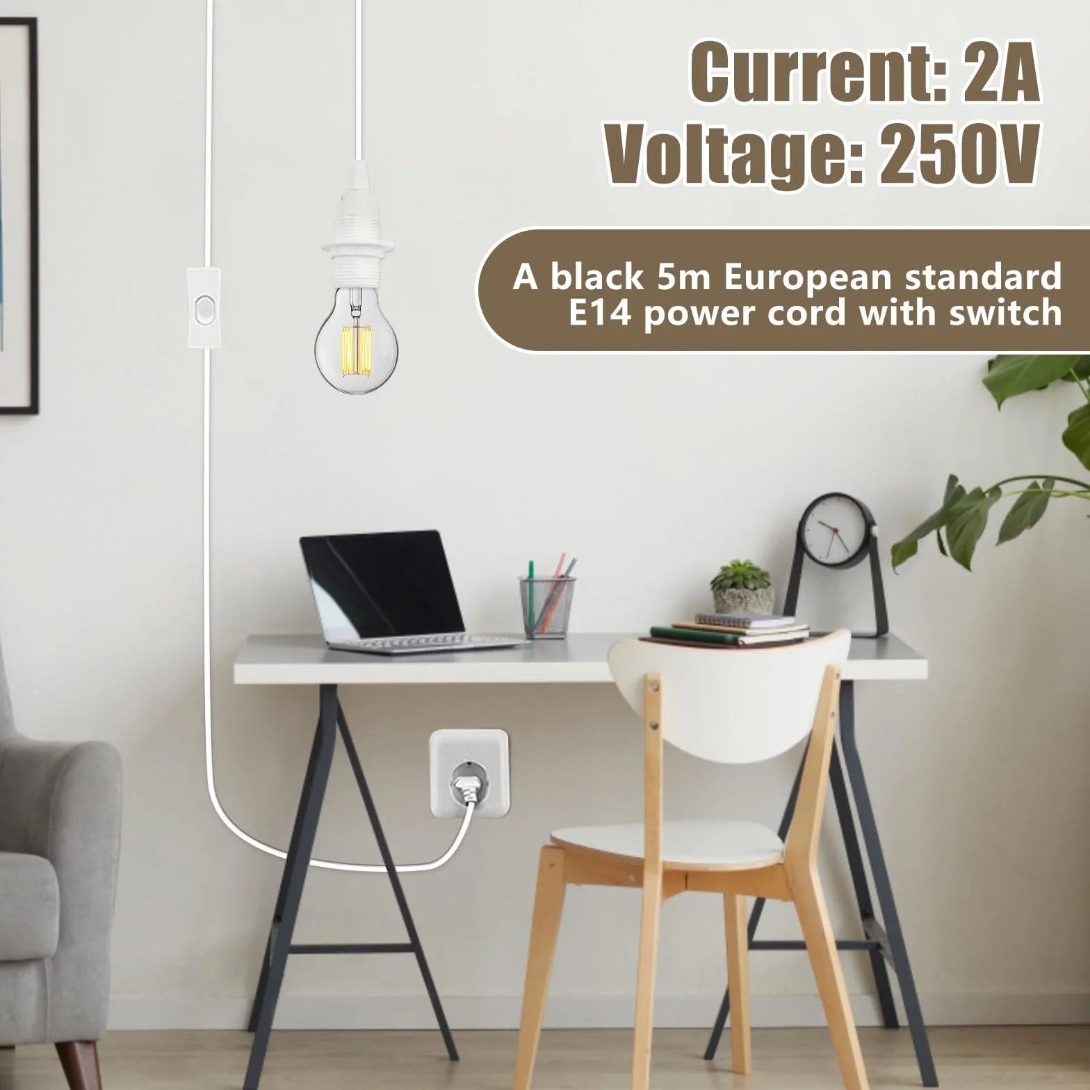 Oprawka lampy E14 z przełącznikiem i wtyczką biała 5m 2x0,75mm² pierścień śrubowy