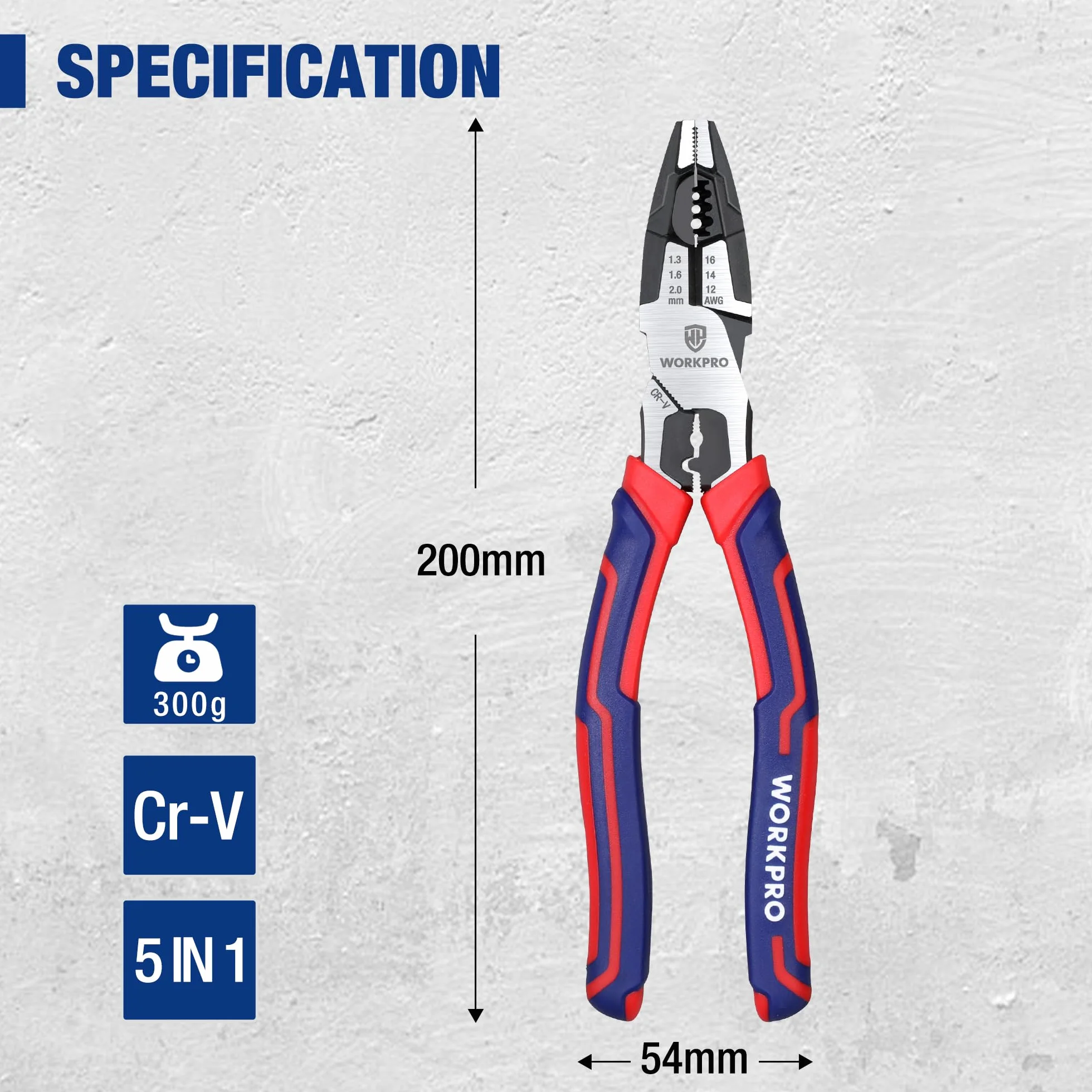 WORKPRO Szczypce wielofunkcyjne 5 w 1 200 mm do izolacji przewodów 1,3–2 mm stal Cr-V