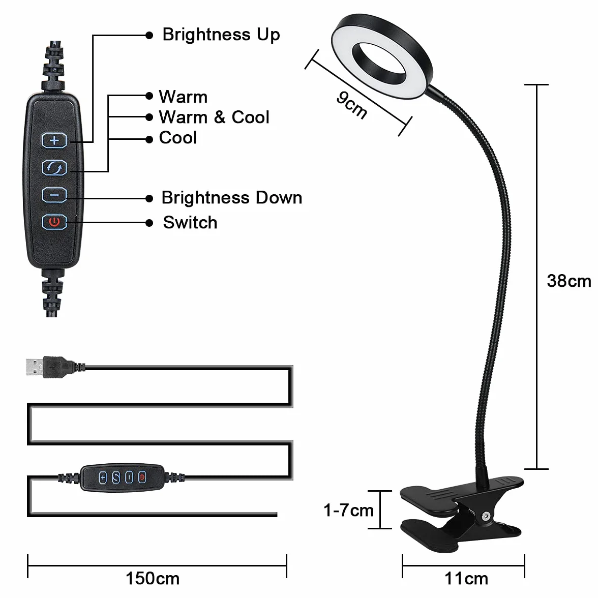 Lampa biurkowa URAQT Clip USB z 12 poziomami jasności, 3 tryby oświetlenia, lampka nocna na gęsiej szyi, ochrona oczu