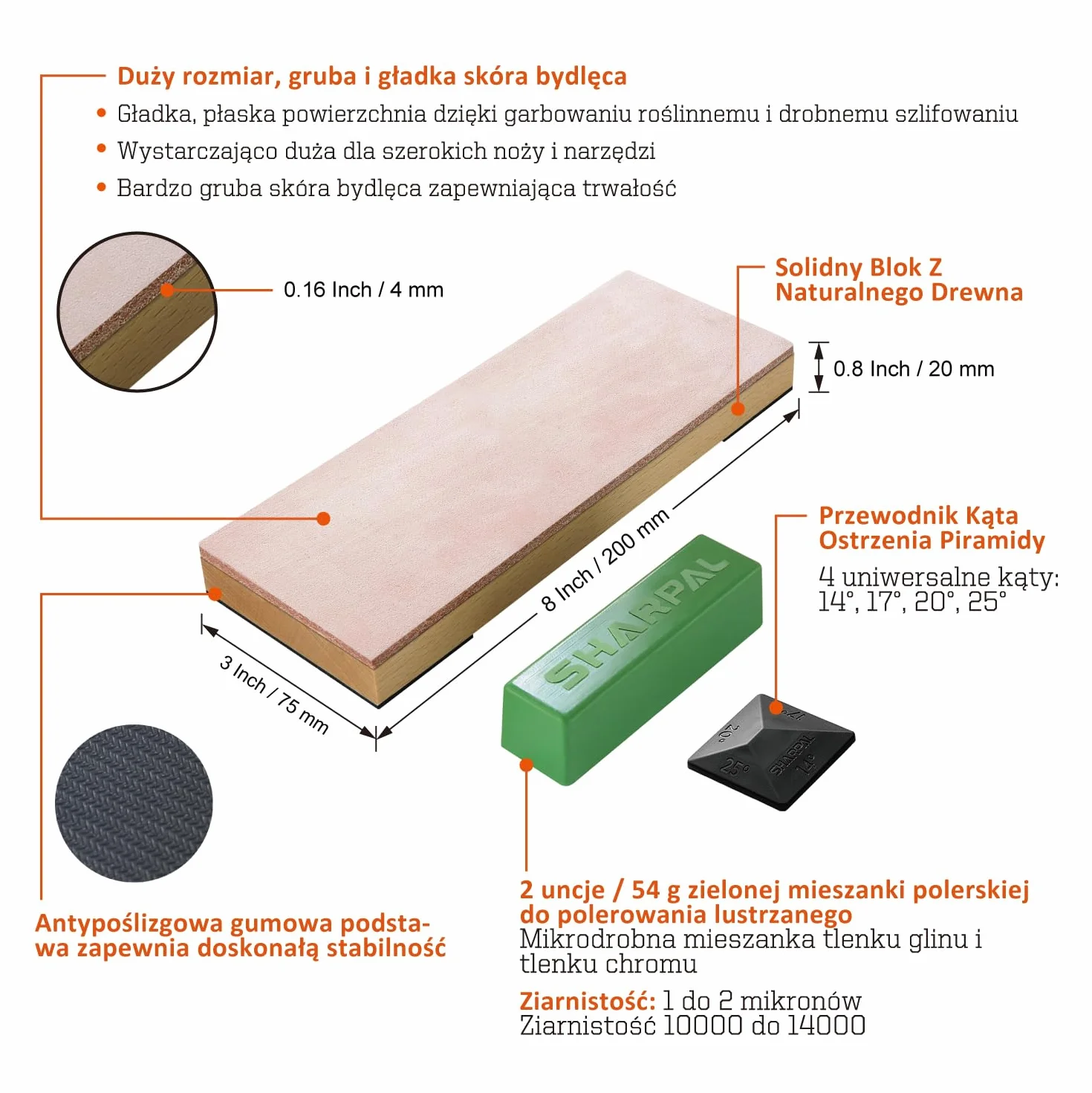 SHARPAL 204N skórzany pasek do smarowania 200 mm x 76 mm z zieloną pastą polerską 55 g i prowadnicą kątową