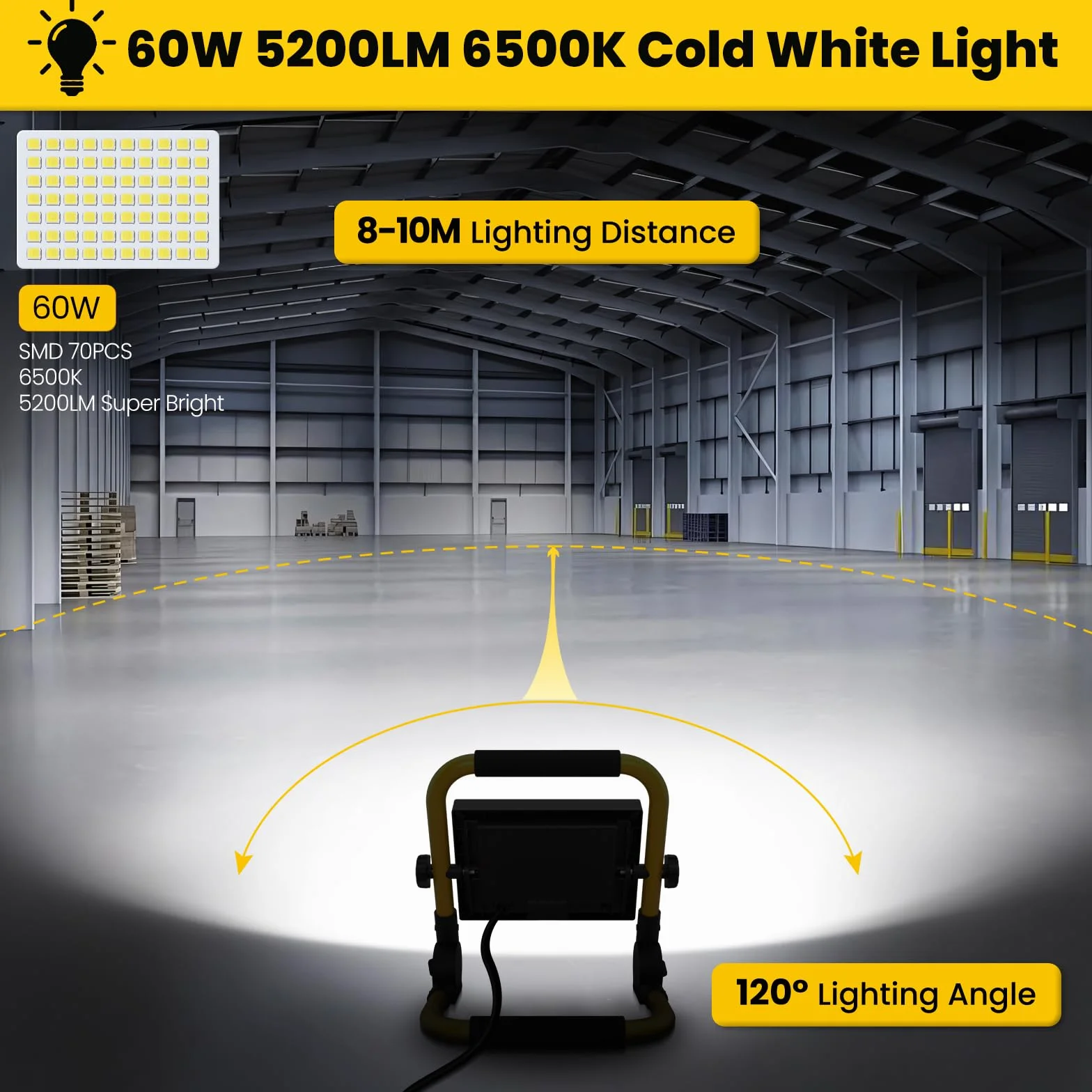 CLY Reflektor LED 60W 5200lm 6500K IP66 Przenośna Lampa Robocza 5m