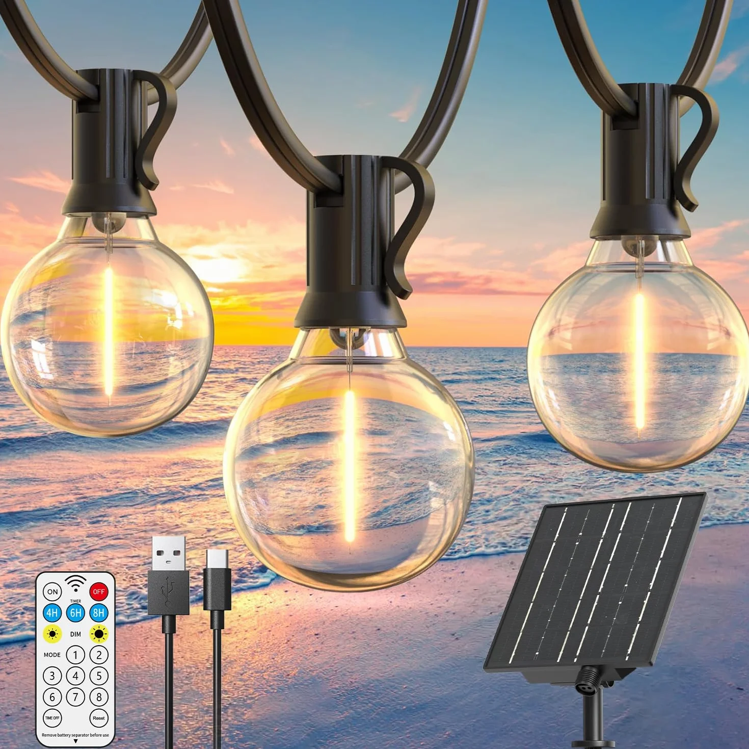 Quntis Girlanda Solarna 12M/41ft 15+1 Żarówek LED 8 Trybów Jasności IP44 Ciepły Biały