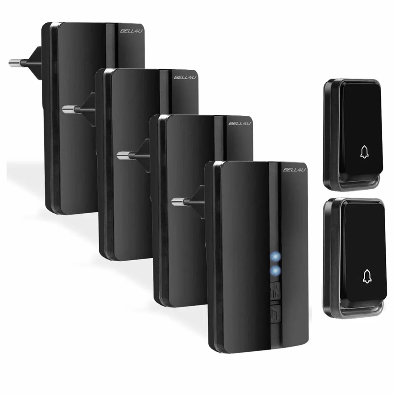 Bezprzewodowy dzwonek do drzwi z 4 odbiornikami plug-in i 2 nadajnikami – bezprzewodowy, bez baterii i wodoszczelny, zasięg 200 m, dzwonek do drzwi zewnętrznych, 51 melodii, 4 poziomy głośności