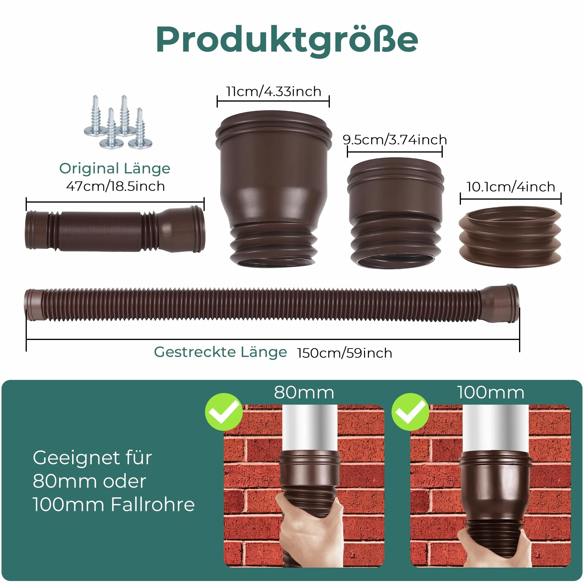 Rynna dachowa elastyczna rura spustowa 80/100 mm przedłużenie 47-150 cm brązowa 2 sztuki