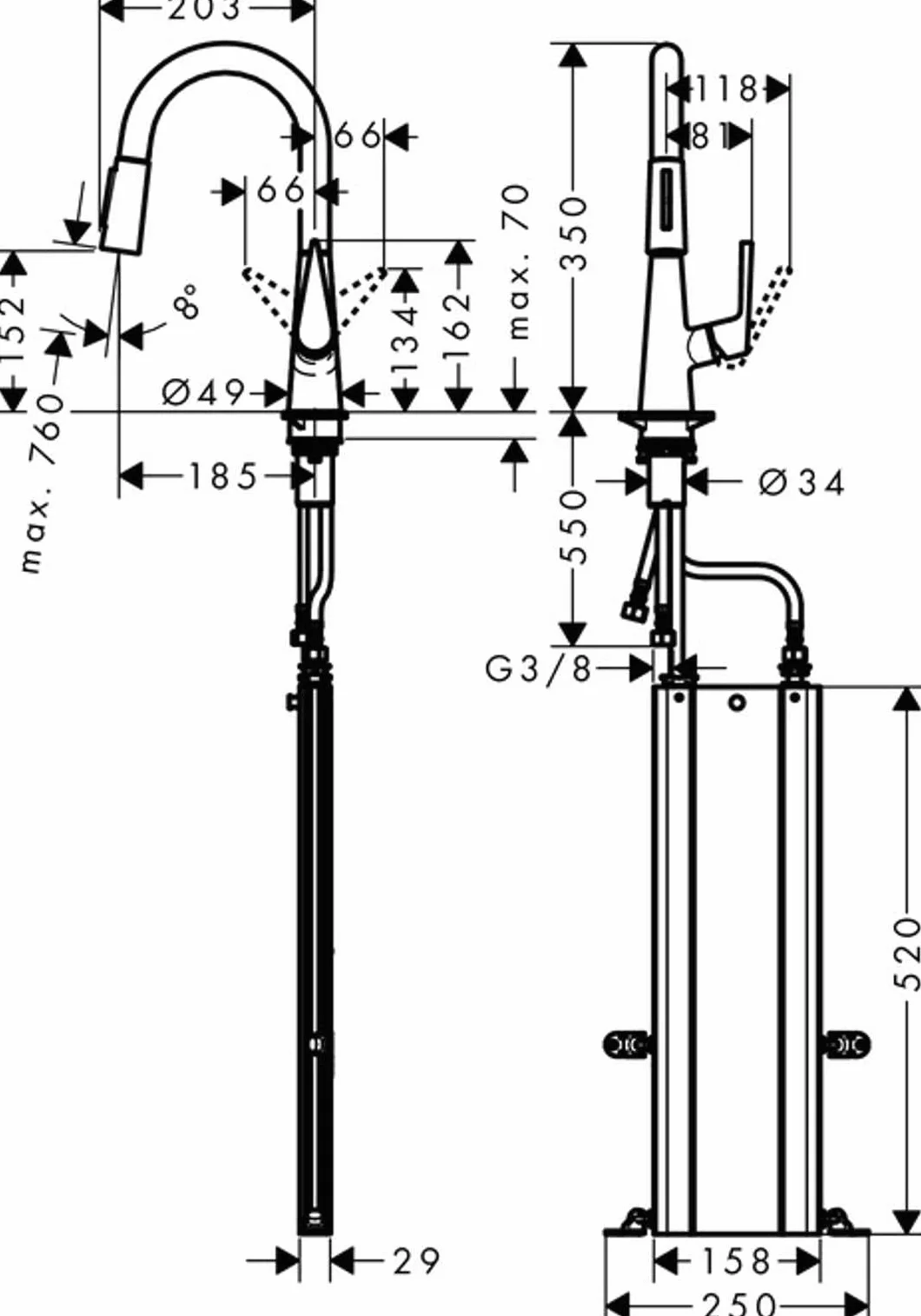 Hansgrohe Talis 73851800 bateria kuchenna M51 200 z wyciąganą skrzynką natryskową, 2 tryby natrysku, stal nierdzewna