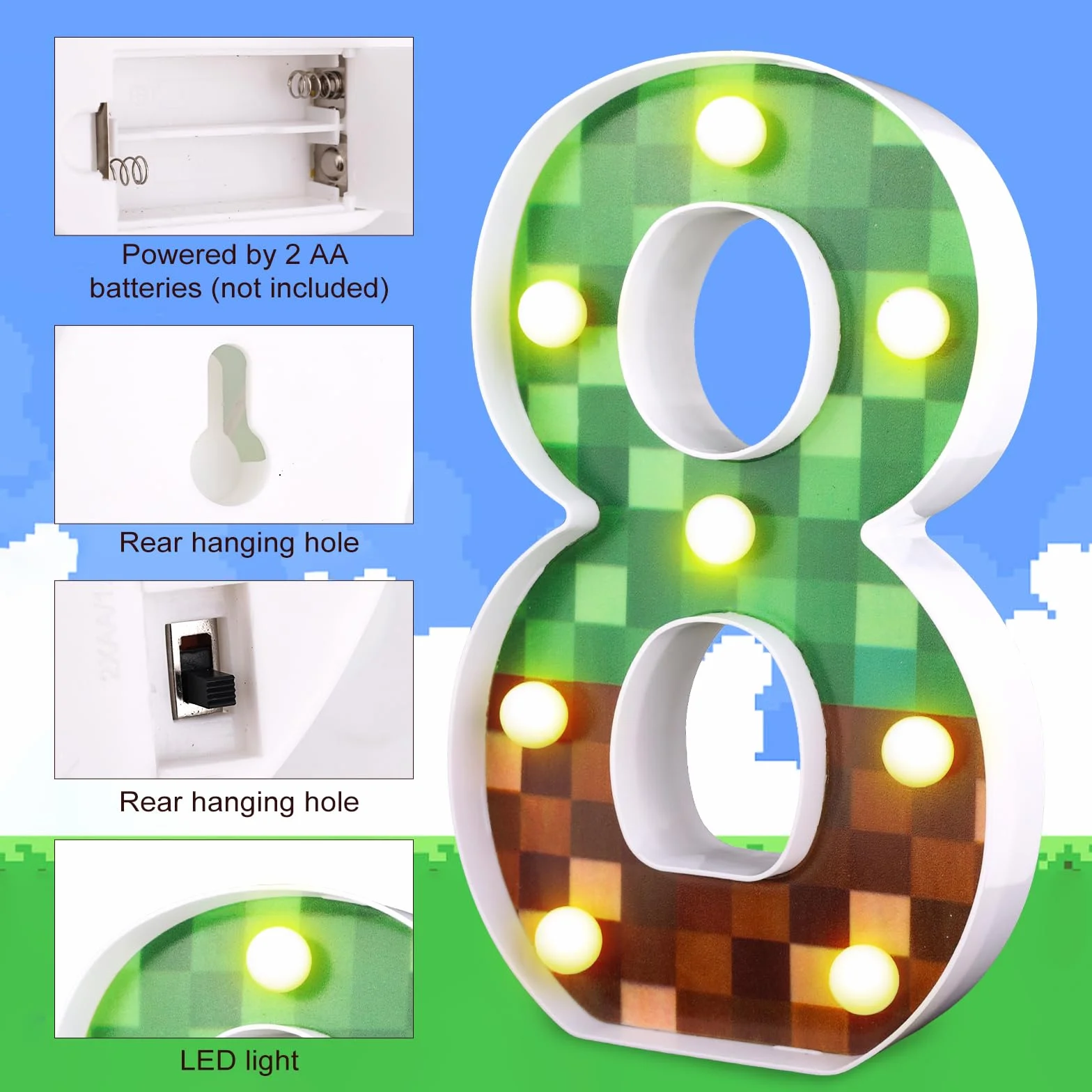 Podświetlany Numer Pikselowy LED 21,8 cm Dekoracja Imprezy Gra Pikselowa Świecąca Numer 8