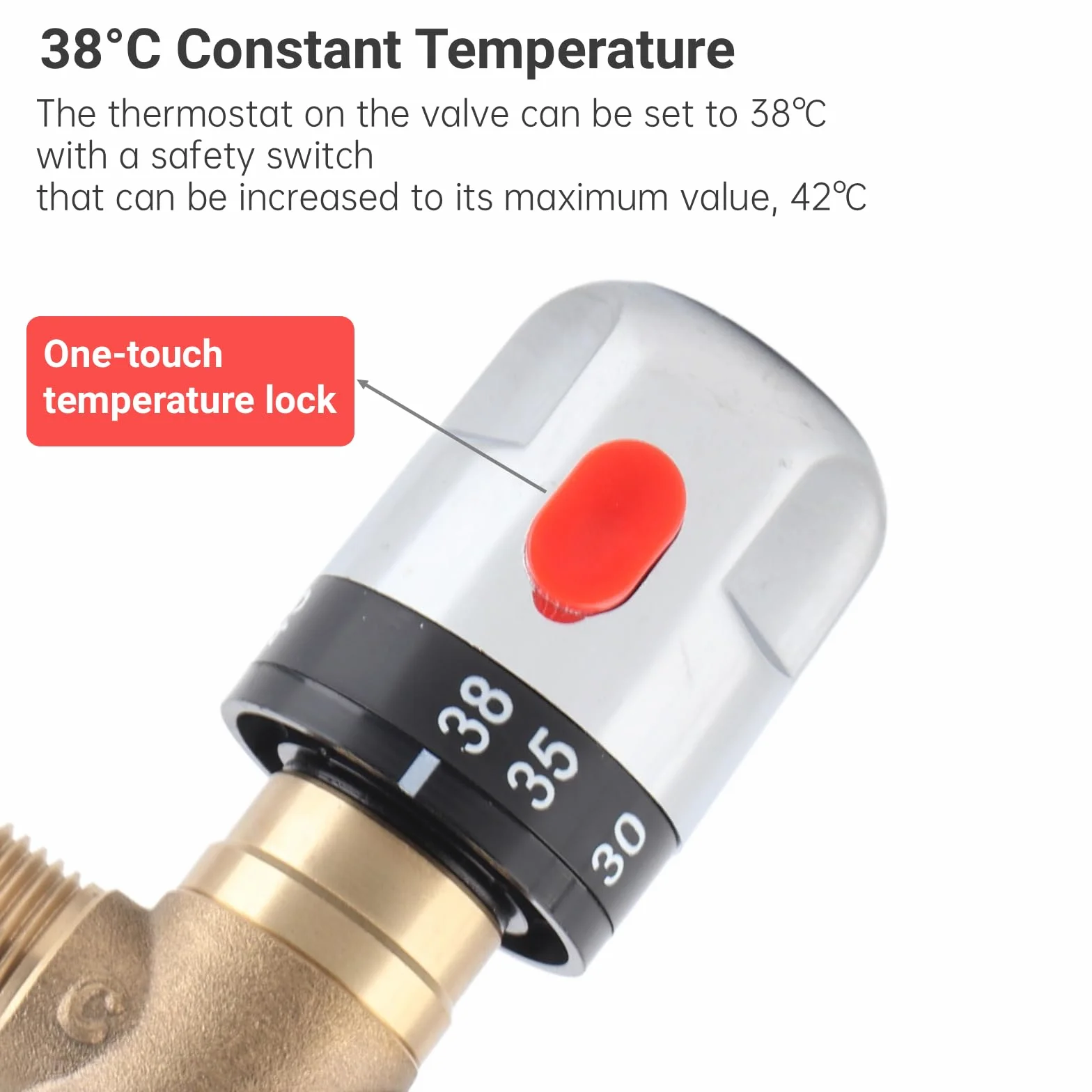 Mosiężny termostatyczny zawór mieszający 1/2 (15 mm) regulowany 38°C-42°C z blokadą bezpieczeństwa