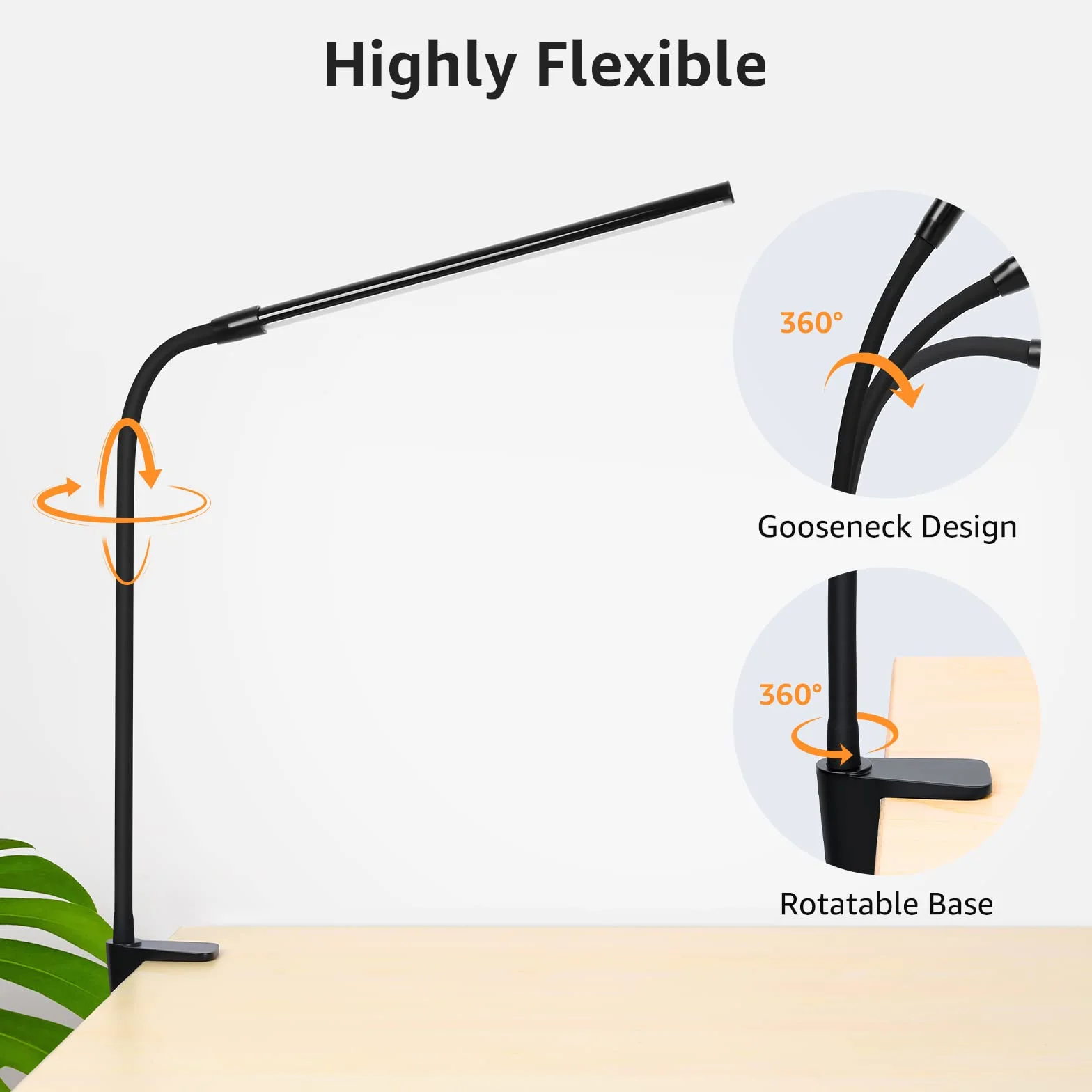 Lepro Lampa biurkowa LED zaciskowa z ramieniem obrotowym, ochrona oczu, USB, 3 kolory 10 poziomów jasności, czarna