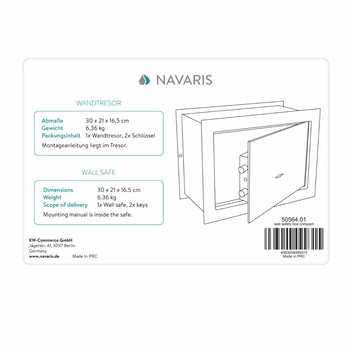 Navaris Sejf ścienny stal nierdzewna 30x21x16,5cm zamek klucz