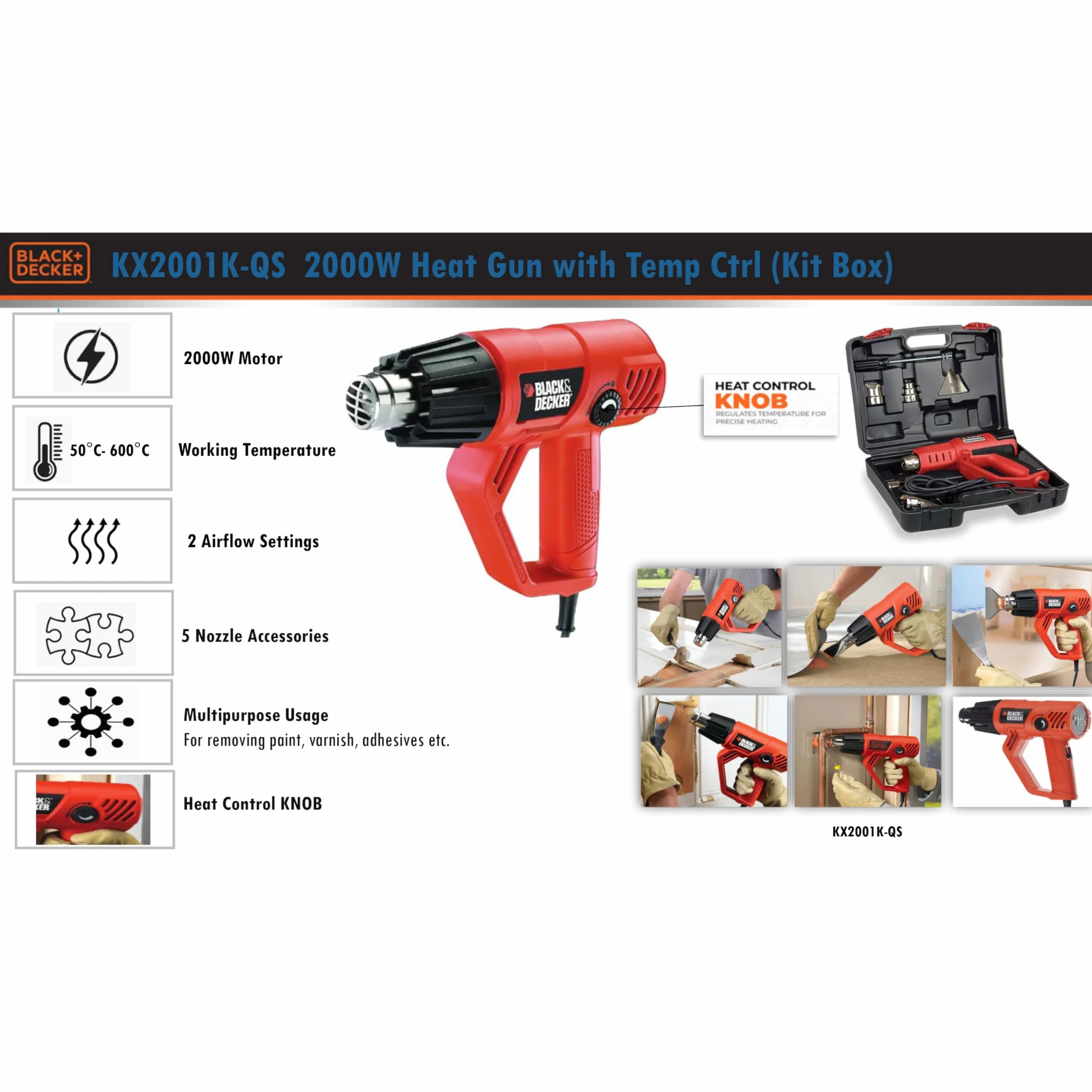 BLACK & DECKER Wytrzymały Decapador térmico 2000W, temperatura 50-450/90-600°C, 5 akcesoriów