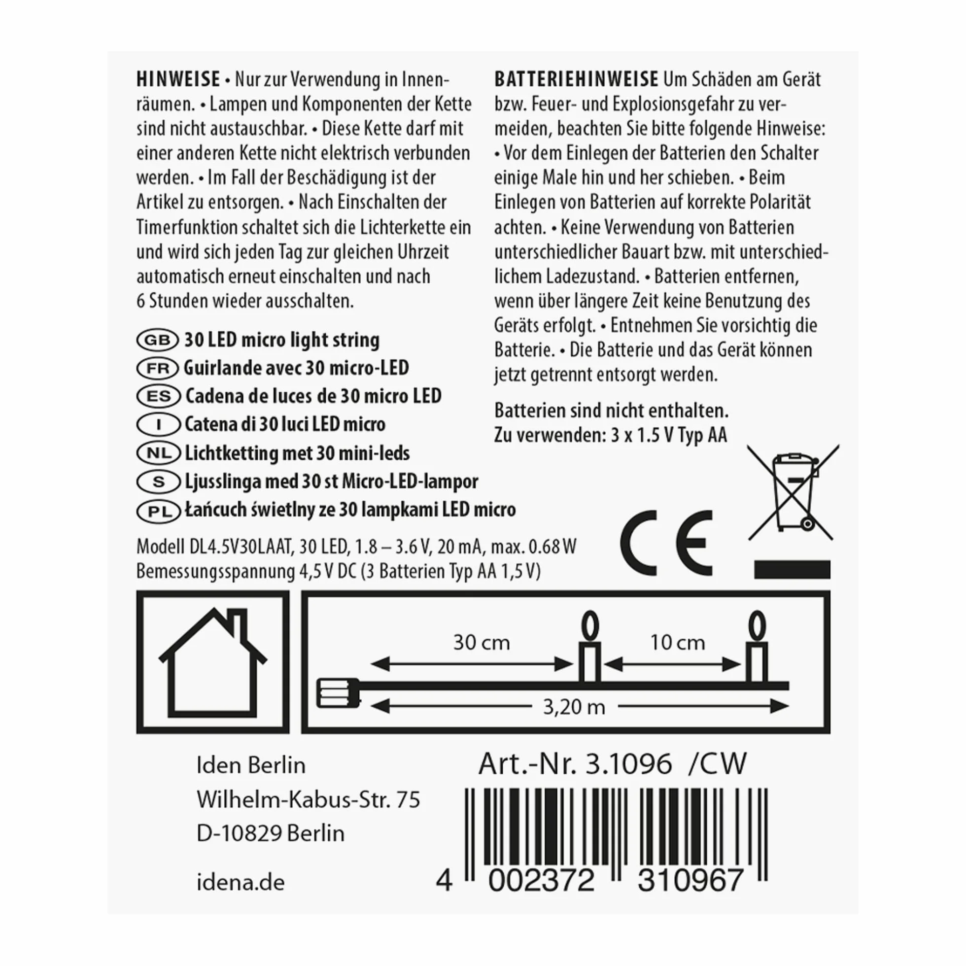Idena 31096 Łańcuch Świetlny LED 30 Diod Kolorowy 6-Godzinny Timer Zasilany Bateriami 3,2 m Dekoracja Wnętrz Imprezowa