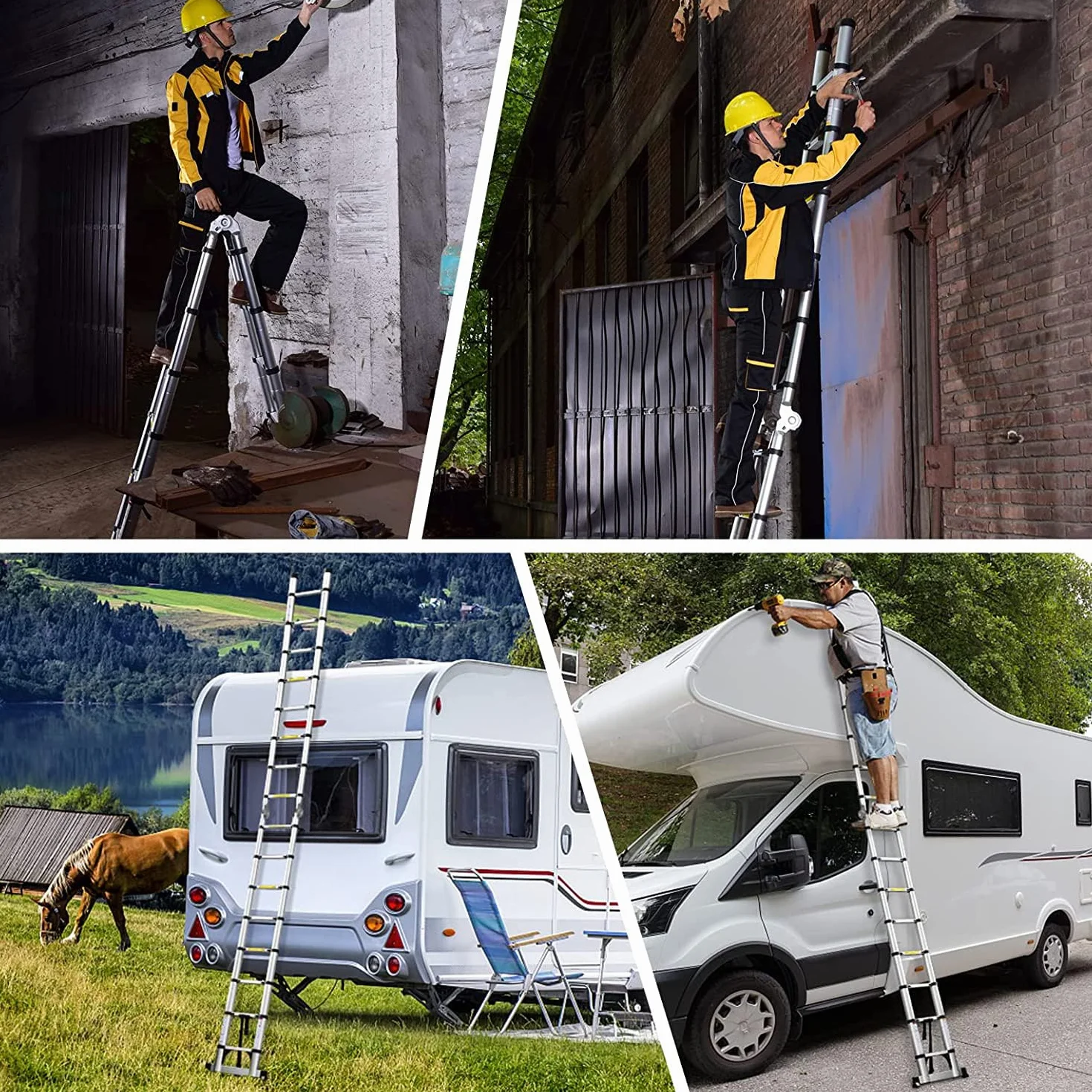 Hooha 6,6M Drabina Skladana Aluminiowa Drabiny Teleskopowa Domowa 2 W1 (3.3M+3.3M) Nośność 150kg Do Mycie Okien, Malowanie, Naprawa dachu