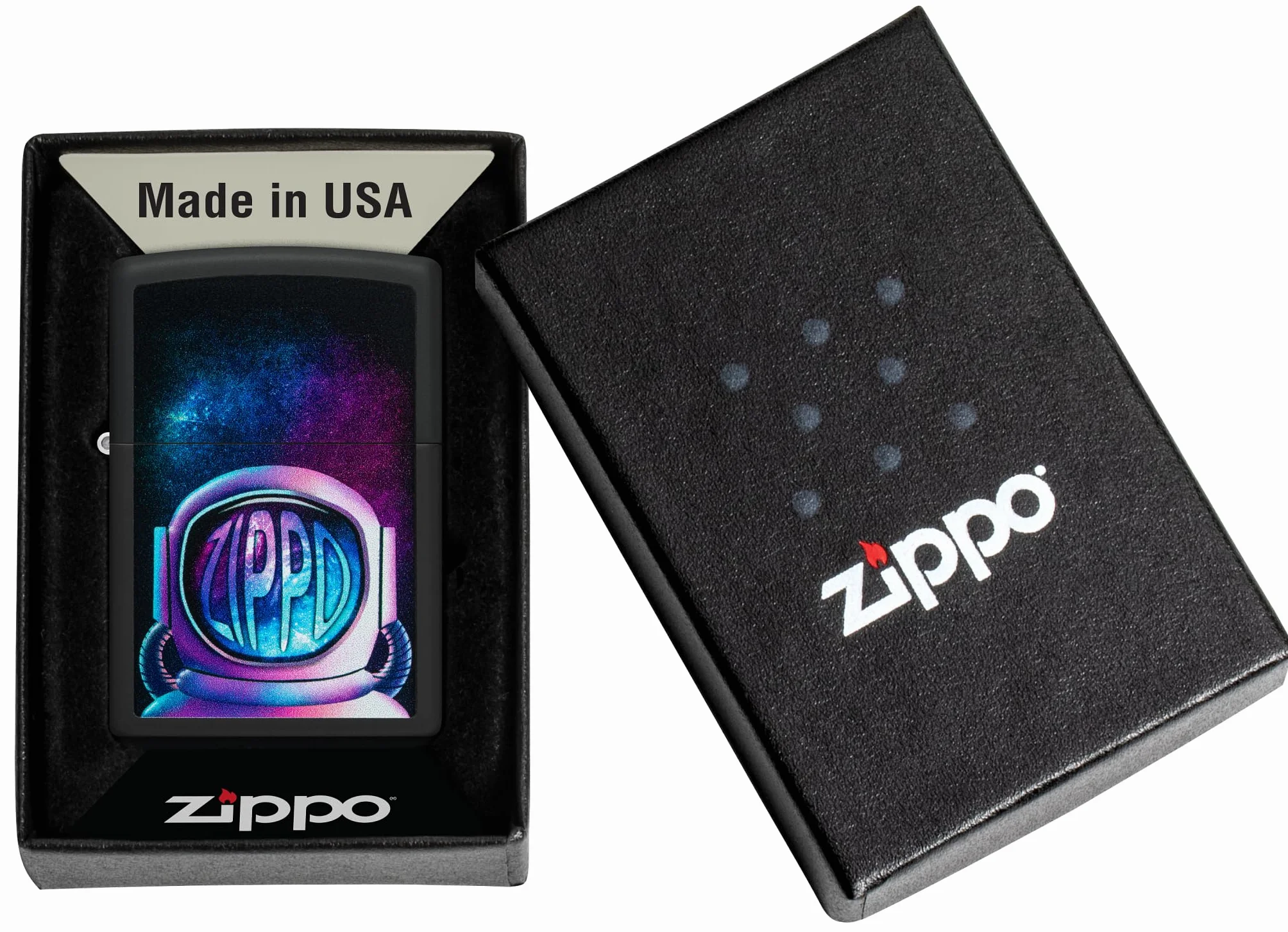 Zippo Astronaut Zapalniczka Sztormowa, Kolorowy Nadruk, do Napełniania, Wielokrotnego Użytku, Wiatroodporna Konstrukcja, Pudełko na Prezent, Wykonano w USA, Kolor Czarny Matowy (Black Matte)
