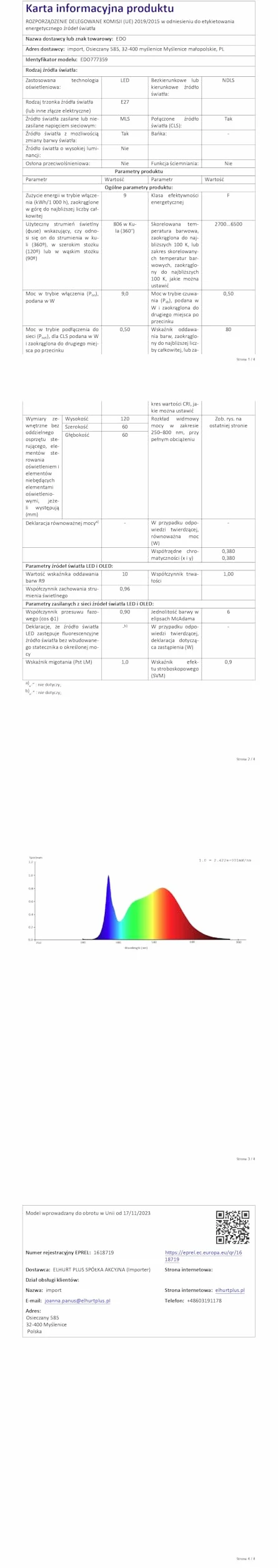 EDO RUVA Żarówka Smart RGB CCT E27 Inteligentna LED WiFi 9W Ściemnialna TUYA 2700-6500K 806 Lumen Smart Home Alexa 1 sztuka