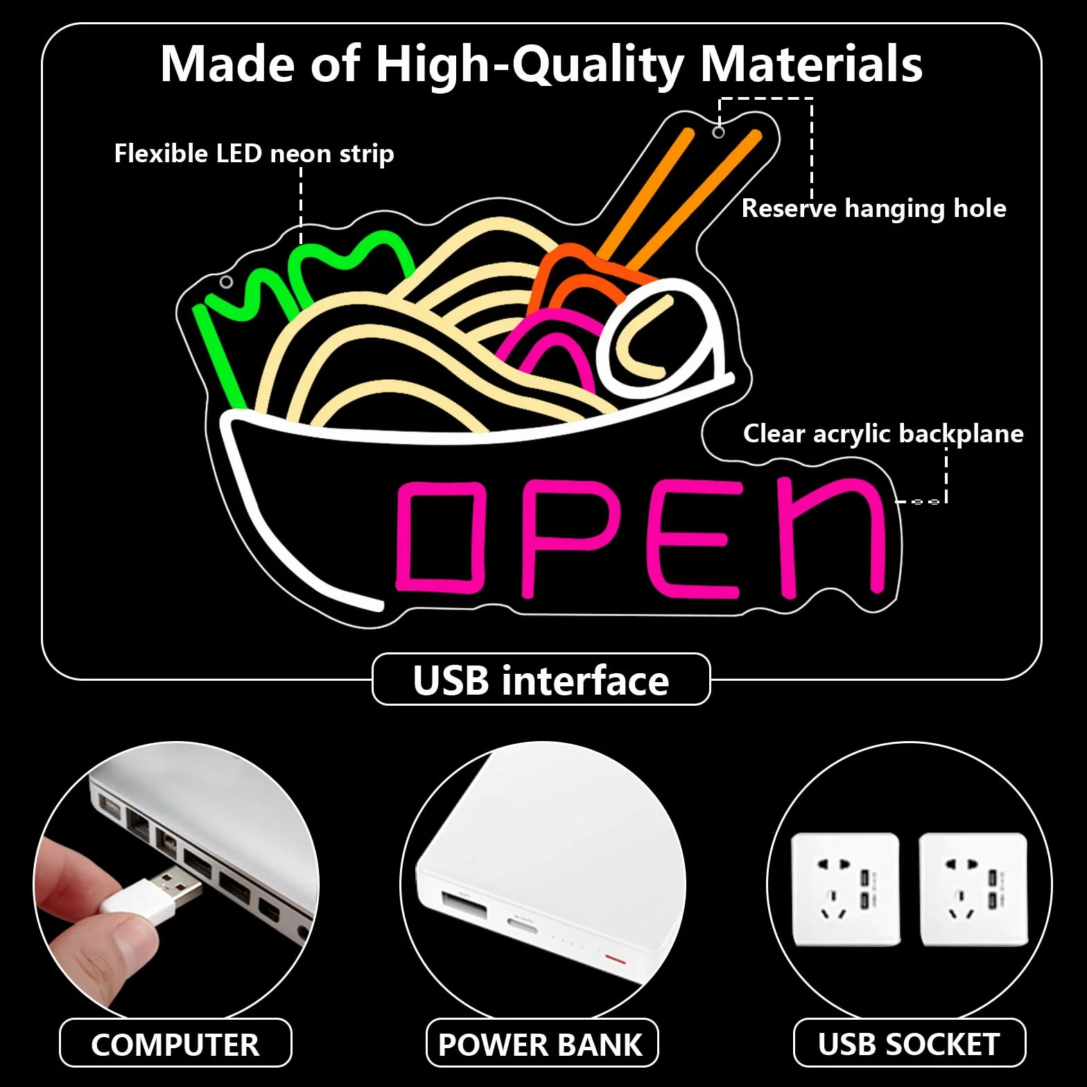 Neonowy znak miska ramen z makaronem LED podświetlany na ścianę USB do kuchni japońska restauracja