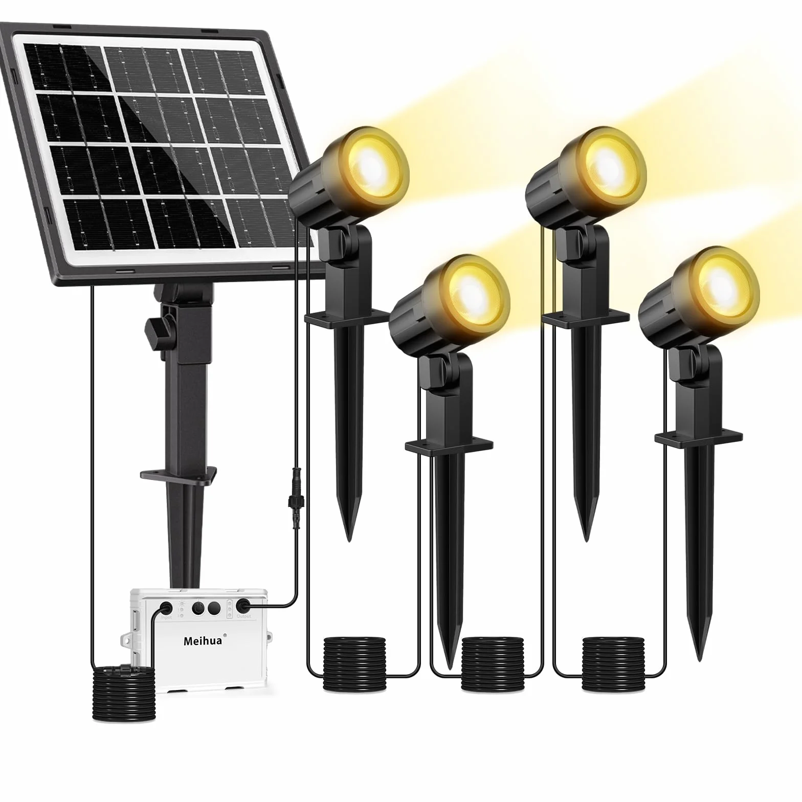 MEIHUA Solarne reflektory ogrodowe, 4 sztuki, 2700 K, ciepła biel, IP66 wodoszczelność, 5000mAh, lampy solarne, 3 jasności, 2 tryby dynamiczne, reflektor solarny do ogrodu, krzewów