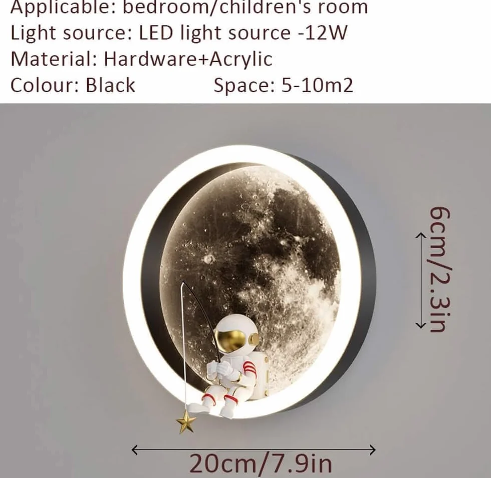 Lampa ścienna LED dla dzieci księżyc, dekoracja astronauty pokój dziecięcy dekoracja zagłówka kinkiet ścienny, 3000k 12W okrągła lampa ścienna do pokoju dziecięcego (A: biała)