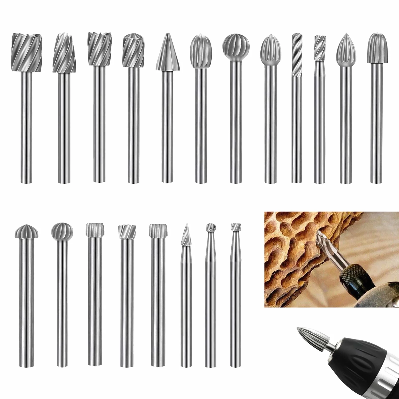 Zestaw 20 frezów obrotowych HSS 3 mm do Dremel, narzędzia obrotowe do rzeźbienia, grawerowania, szlifowania