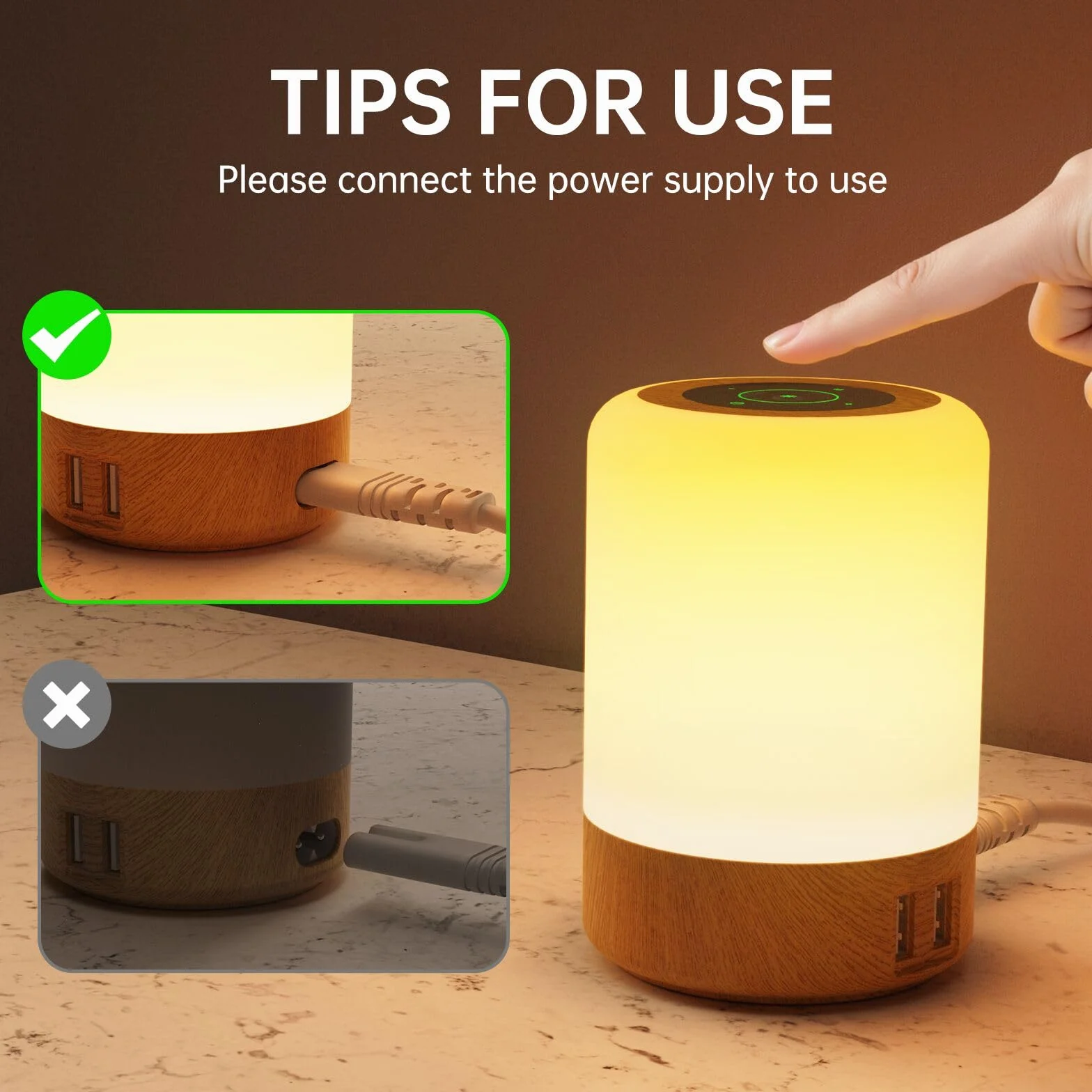 Lampka Nocna LED Dotykowa Ściemniana 4 Porty USB-A 8 Kolorów 10 Poziomów Jasności Lampa Stołowa do Sypialni