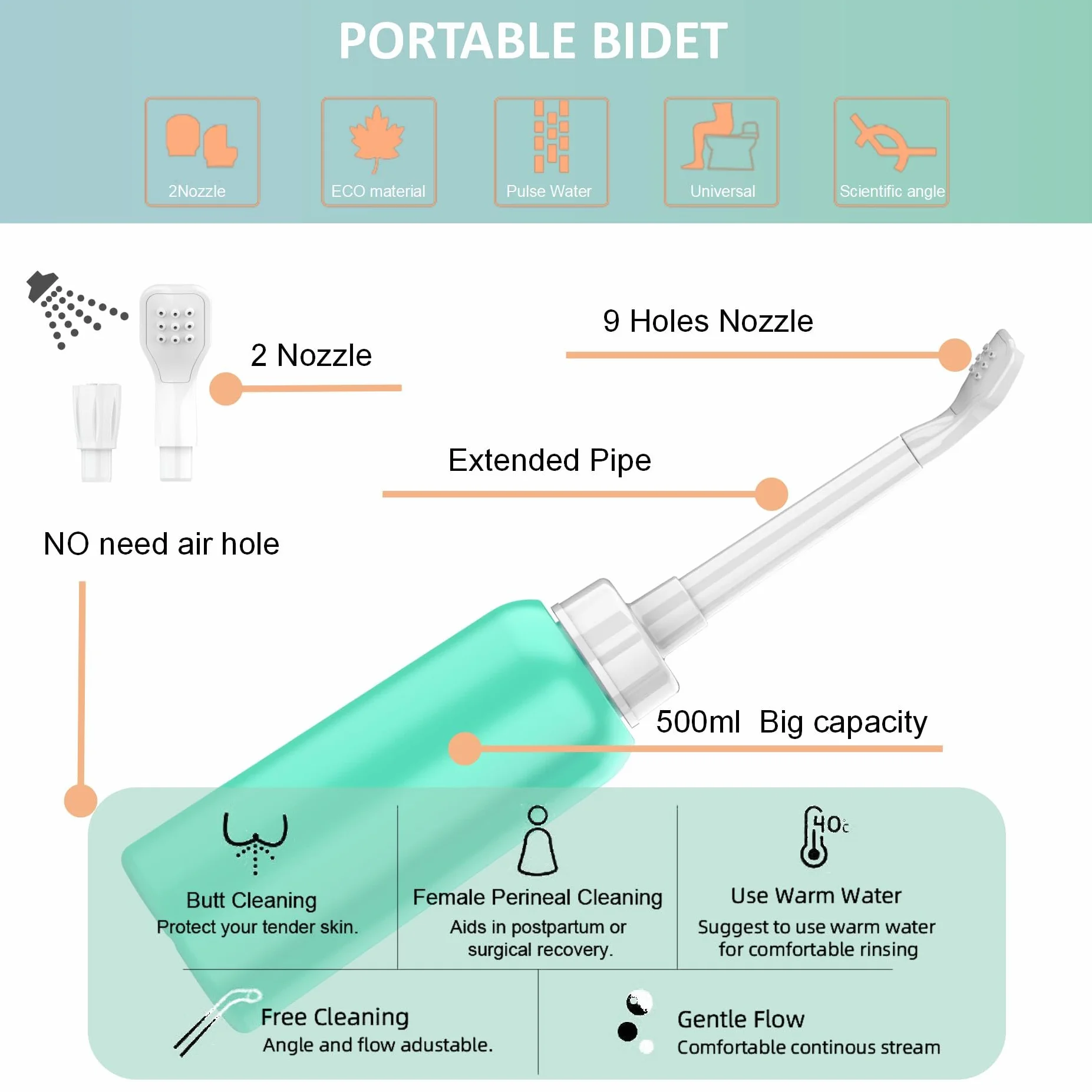 Przenośny bidet z 2 dyszami 500 ml skalowalna rurka bidet podróżny dla kobiet zielony