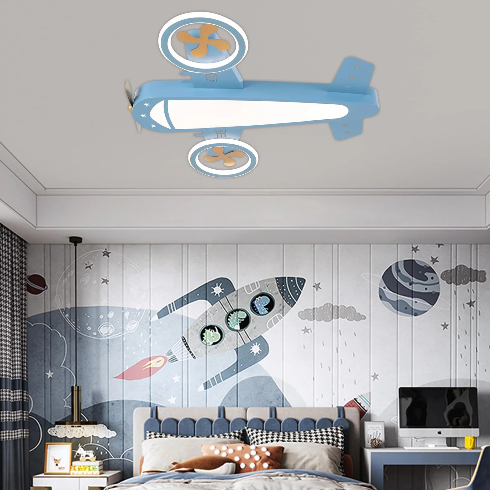 Urocza i stylowa, kreatywna lampa sufitowa LED, z motywem samolotu, regulowana temperatura barwowa z pilotem zdalnego sterowania, do pokoju dziecięcego, dla chłopców i dziewczynek, do sypialni, lampa