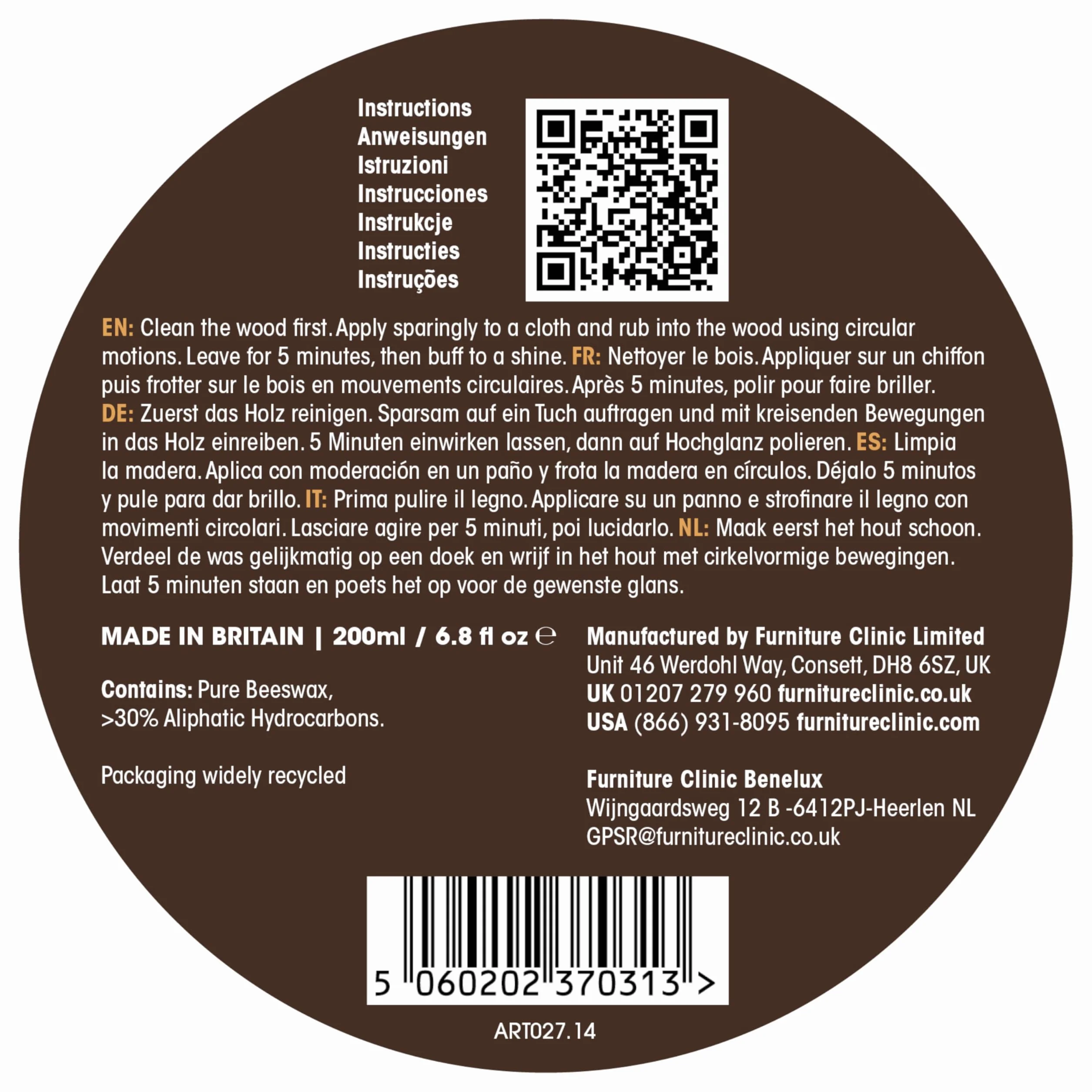 Wosk pszczeli bezbarwny do drewna i mebli Furniture Clinic - 200 ml - Naturalny wosk pszczeli do wszystkich rodzajów i kolorów drewna - Wosk pszczeli do mebli drewnianych