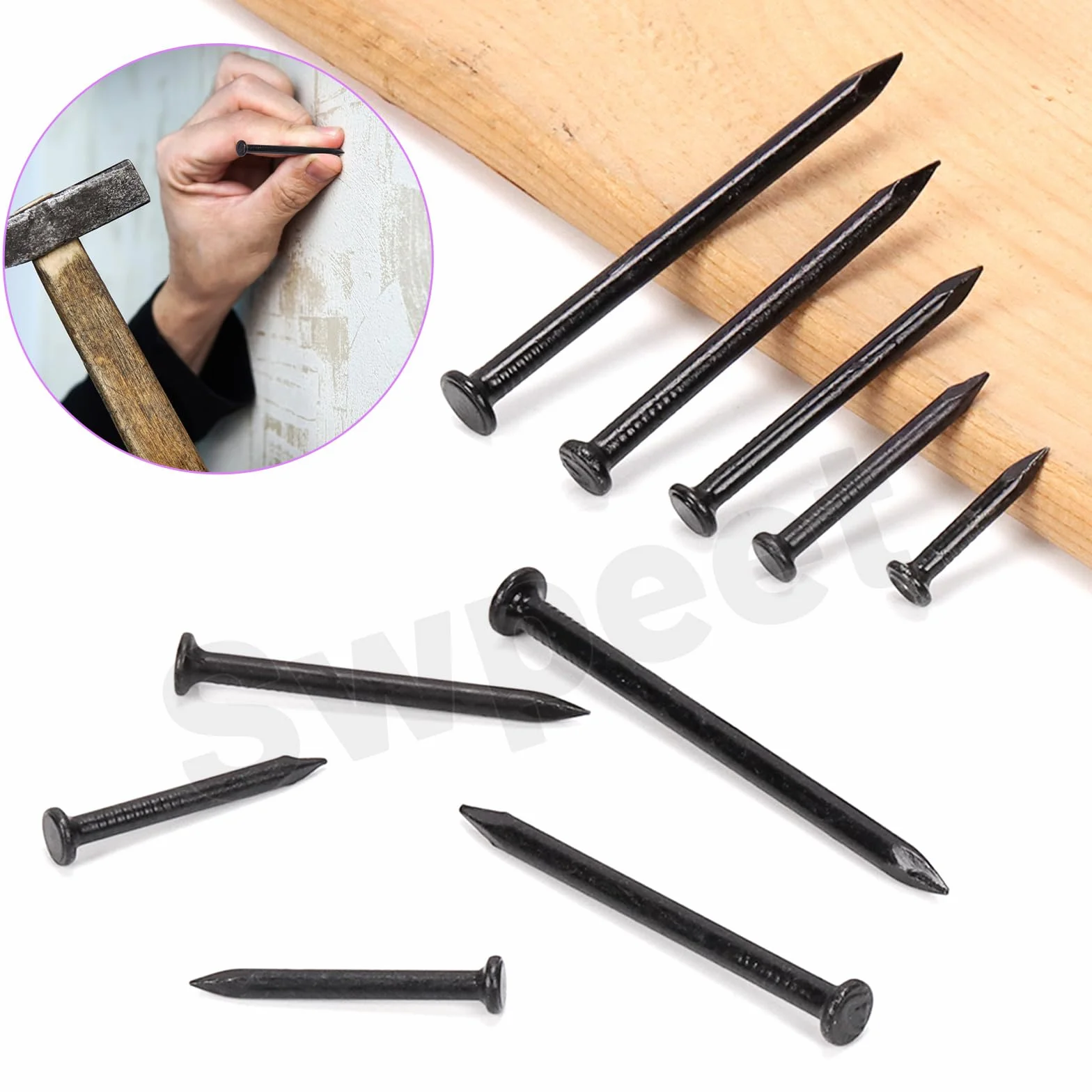 Swpeet Zestaw 150 szt. czarnych gwoździ 3/4", gwoździe stalowe, 2 x 20 mm ocynkowane gwoździe, małe gwoździe uszlachetniające, gwoździe ścienne, gwoździe drewniane, gwoździe do kamienia betonowego