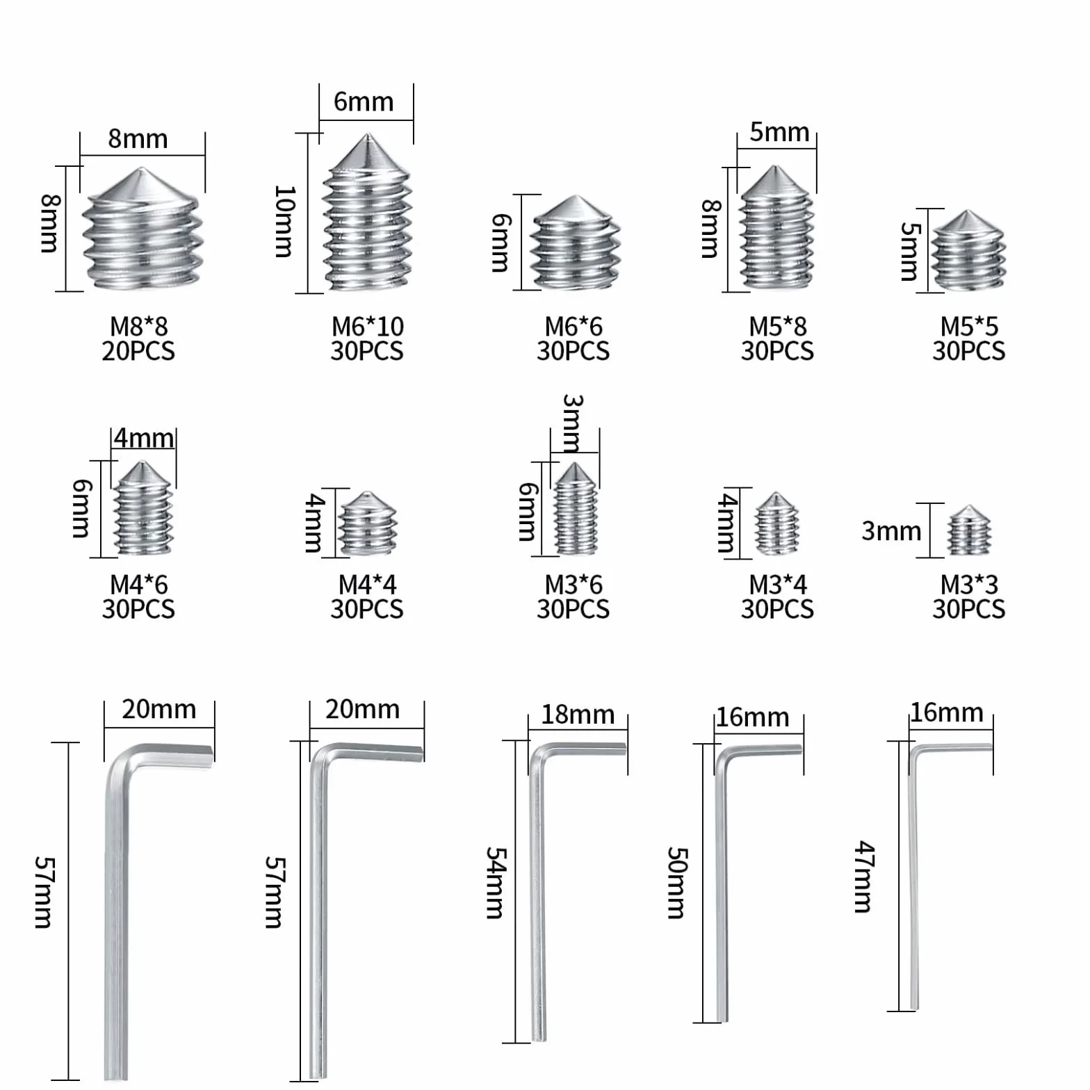 Zestaw 290 sztuk śrub stożkowych z łbem kulowym, M3/M4/M5/M6/M8, śruby z łbem sześciokątnym, ze stali nierdzewnej, śruby gwintowane, do klamek drzwi, z 5 kluczami imbusowymi
