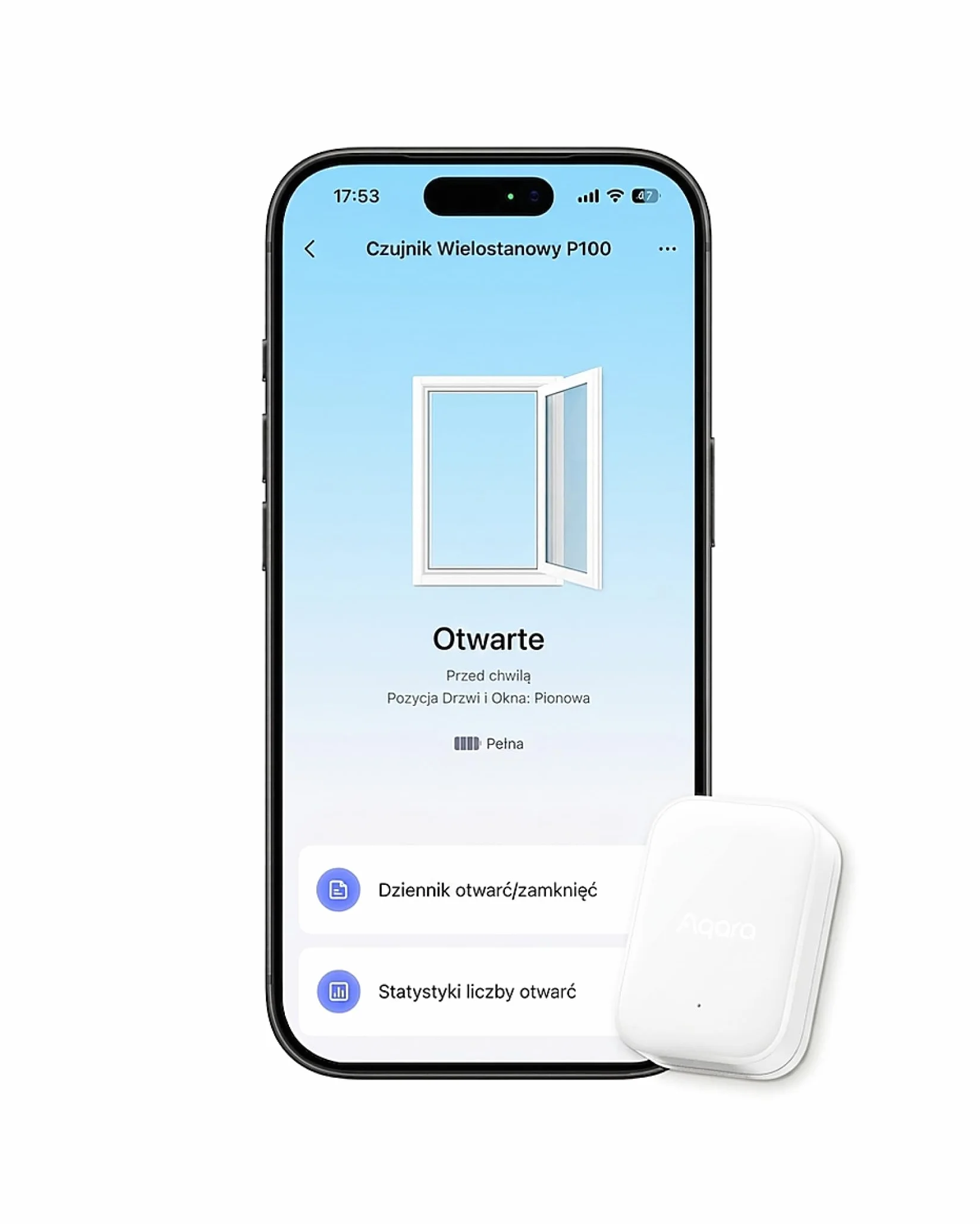 Aqara P100, Czujnik otwarcia i wibracji (Thread/Zigbee). 10 poziomów czułości, monitoring okien/drzwi. Wspiera Apple Home, Home Assistant, Alexa i Google Home, Biały