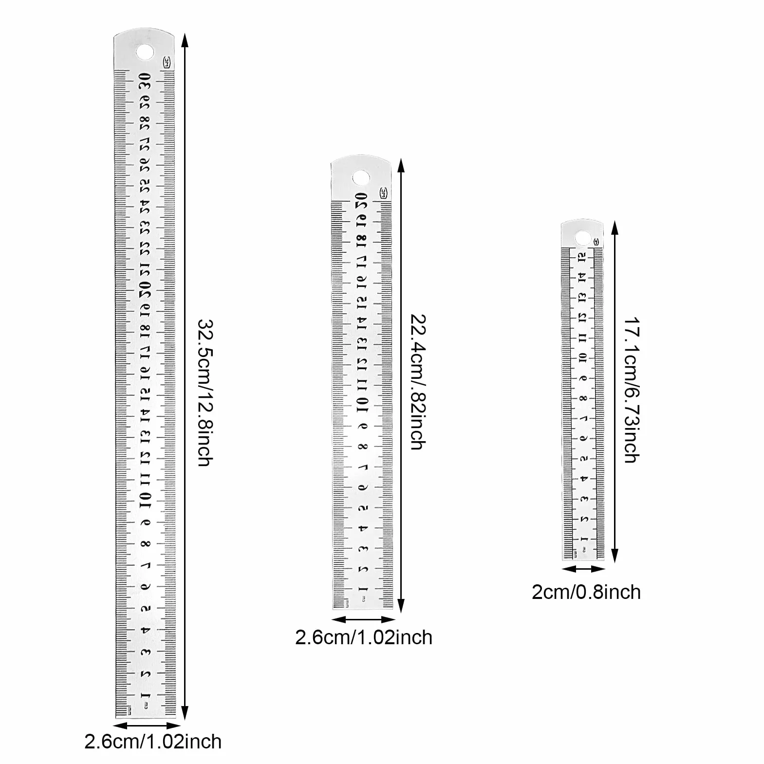 Zestaw 3 metalowych linijek ze stali nierdzewnej 30 cm, 20 cm, 15 cm