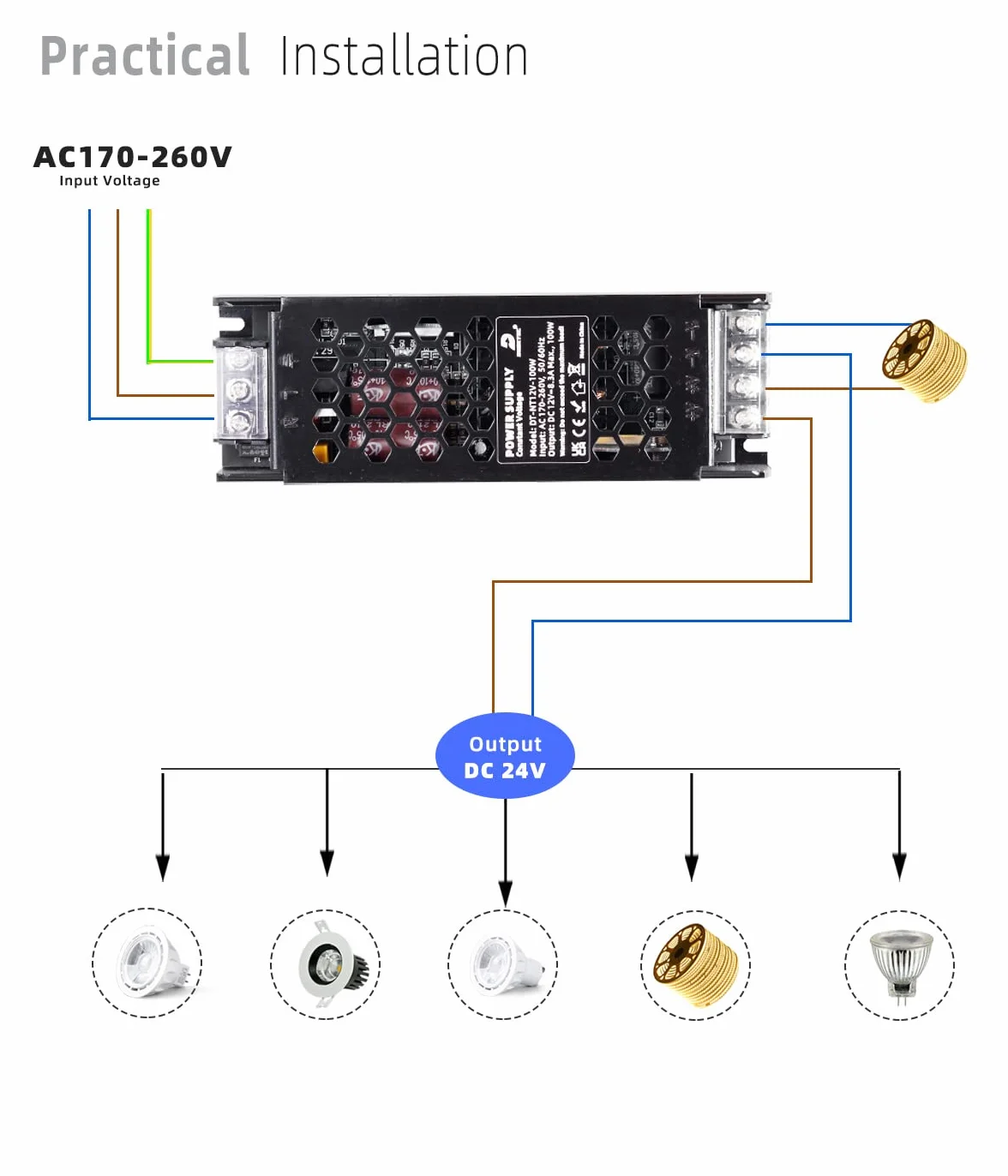 DUSKTEC Transformator LED 100 W, 24 V, sterownik 4,17 A, zasilacz LED Slim Metal z 2 wyjściami