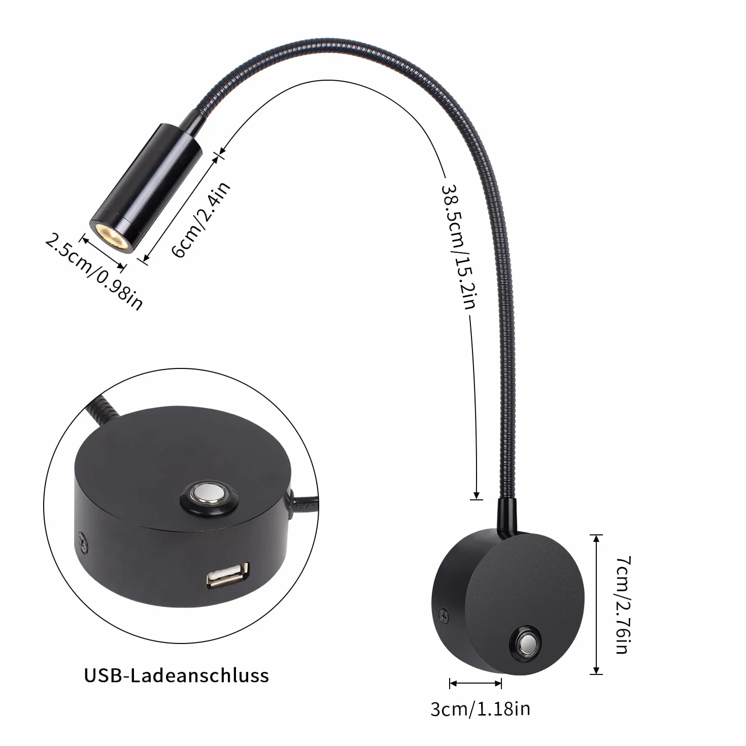ERWEY Lampa ścienna LED z przełącznikiem dotykowym, ściemniana, USB, 360°, czarny