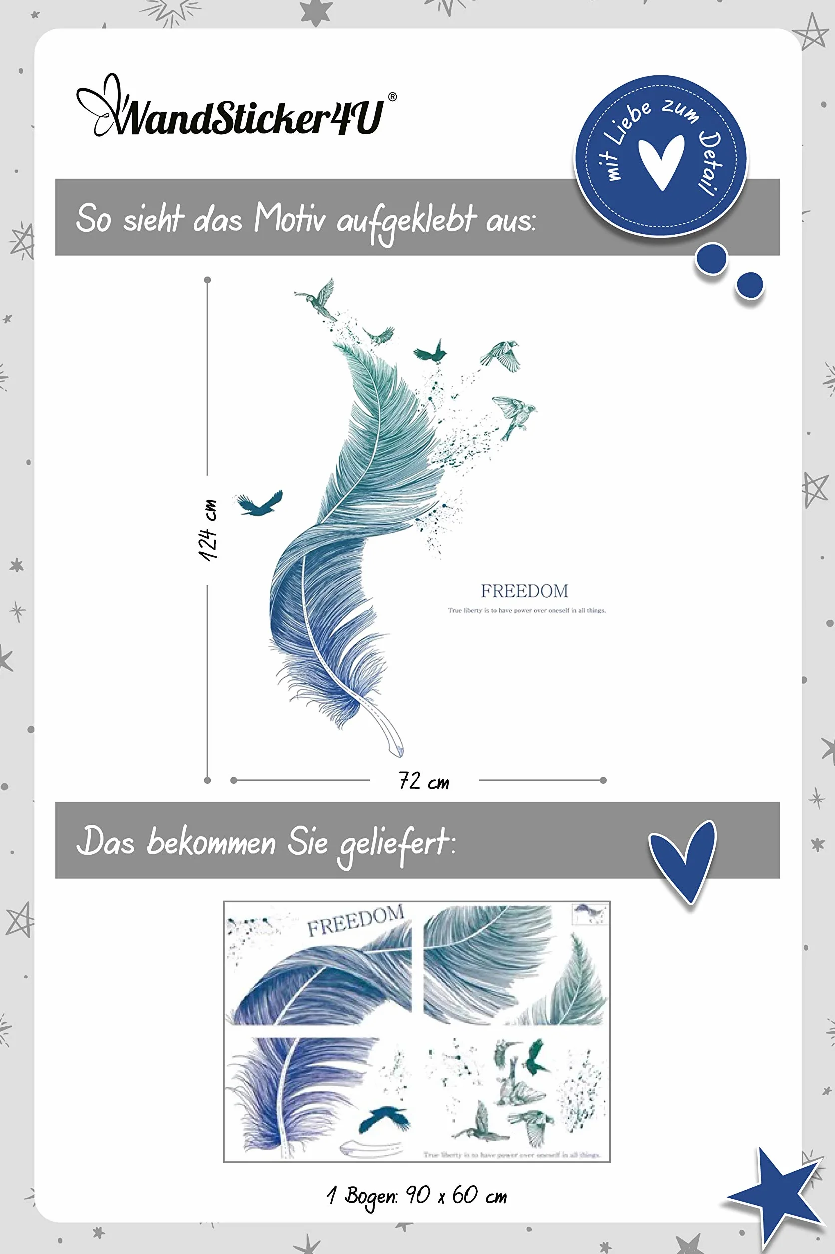 WandSticker4U® - Naklejka na ścianę pióro niebieski 124 × 72 cm, tatuaż ścienny, nowoczesny ptak