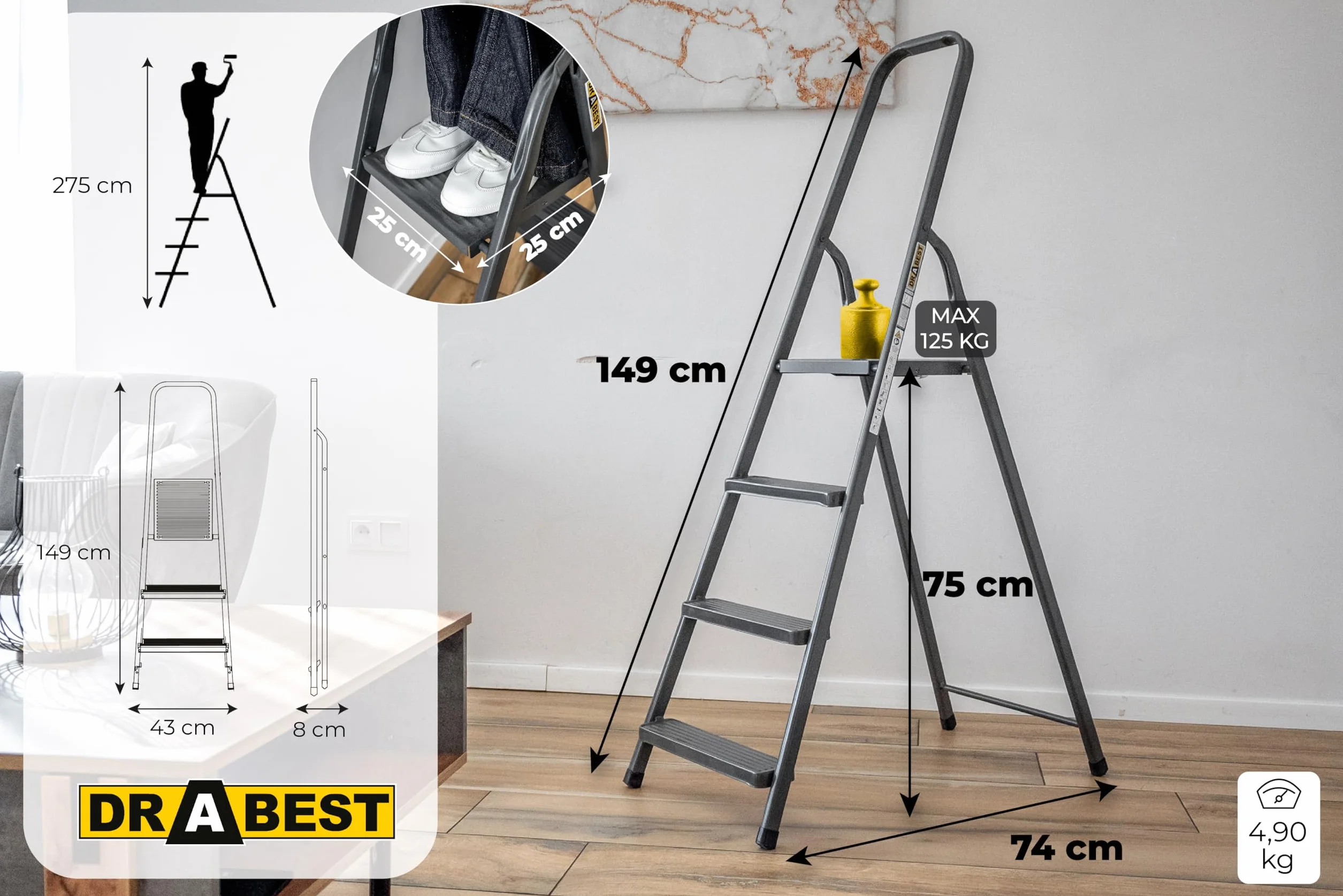 DRABEST Drabina stalowa 4 szczebli z podestem składana 125 kg 43x149x8