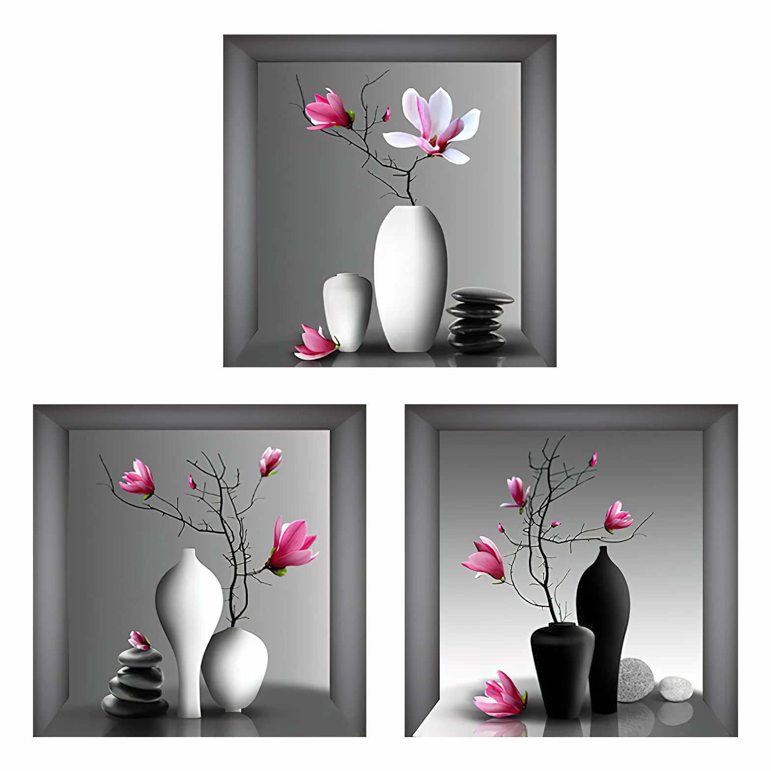 HENGBIRD Naklejka ścienna 3D wazon z kwiatami 30x30 cm 3 sztuki