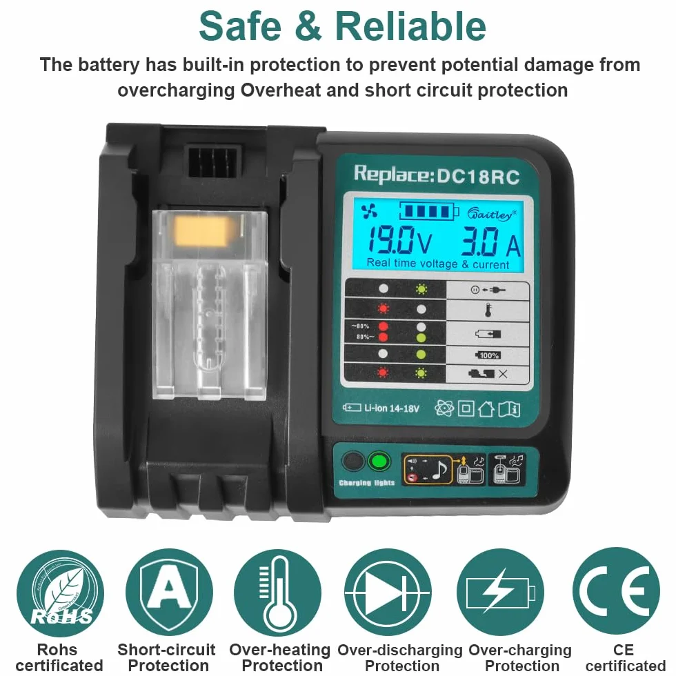 Powarobor DC18RC Szybka ładowarka 3A z wyświetlaczem LCD 14,4V-18V